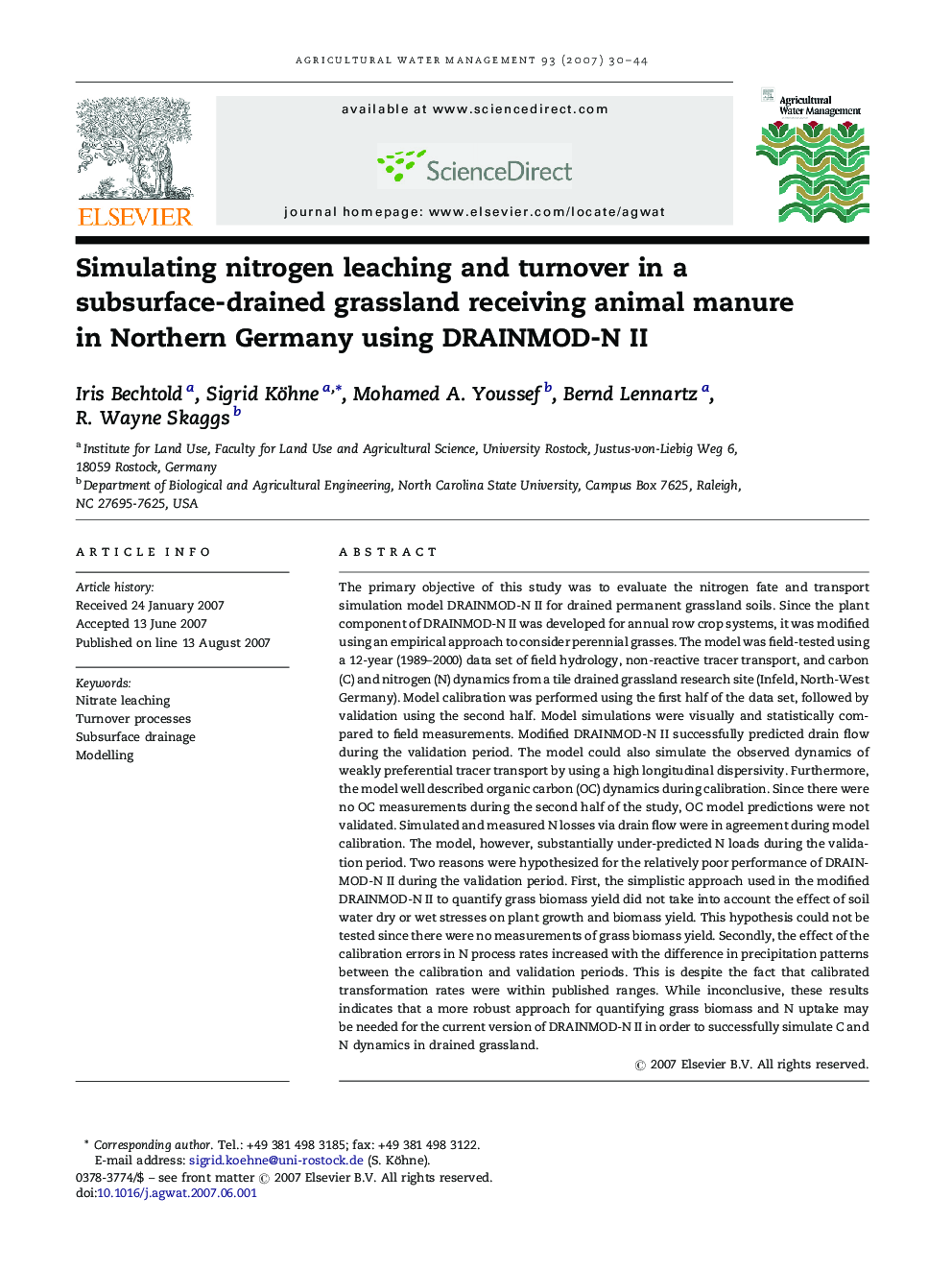 Simulating nitrogen leaching and turnover in a subsurface-drained grassland receiving animal manure in Northern Germany using DRAINMOD-N II