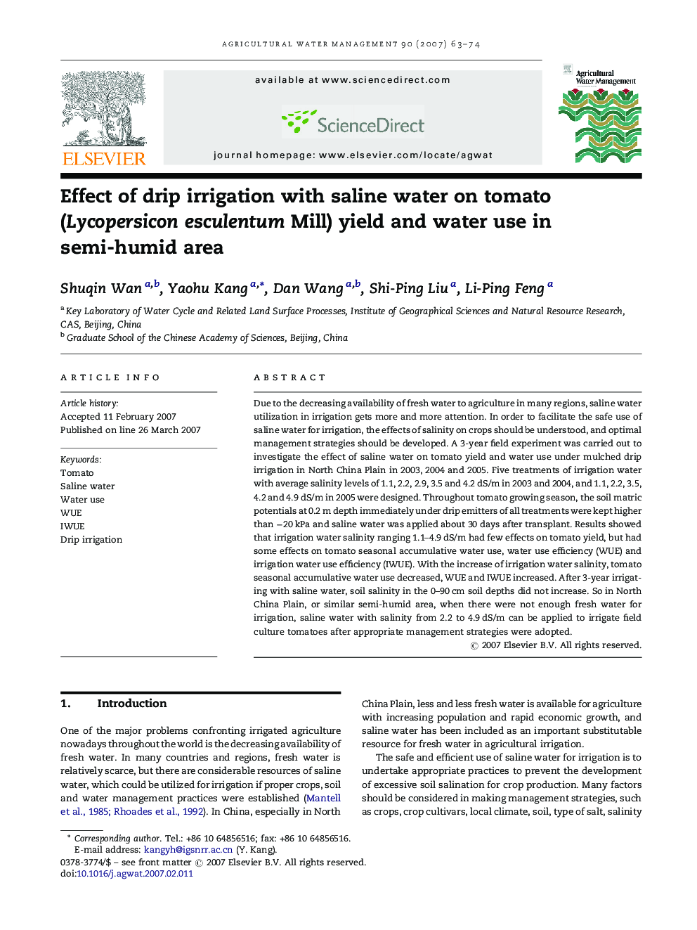 عکس صفحه اول مقاله: Effect of drip irrigation with saline water on tomato (Lycopersicon esculentum Mill) yield and water use in semi-humid area Effect of drip irrigation with saline water on tomato (Lycopersicon esculentum Mill) yield and water use in semi-humid area