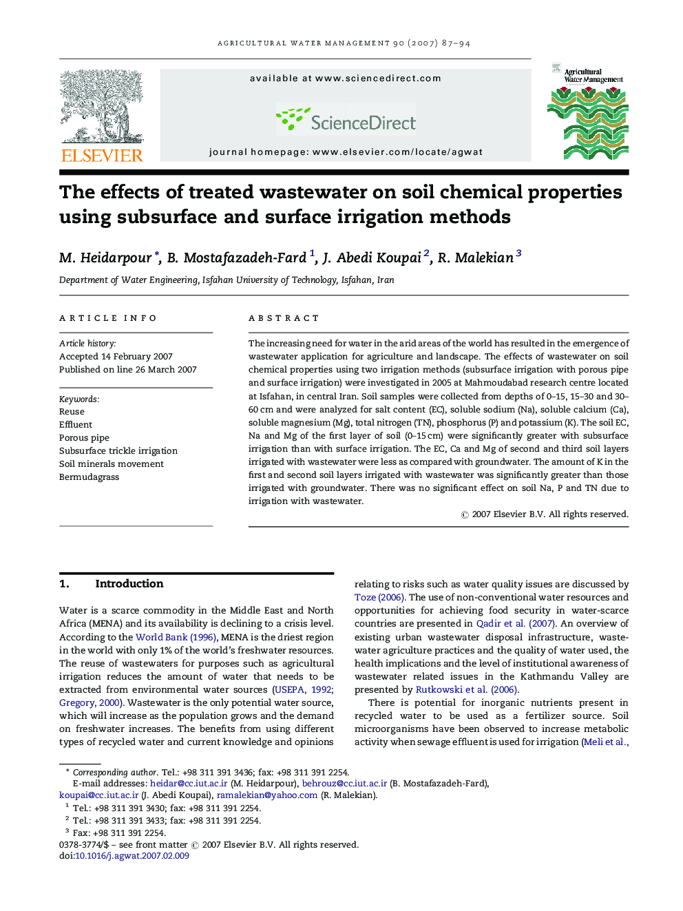 The effects of treated wastewater on soil chemical properties using subsurface and surface irrigation methods