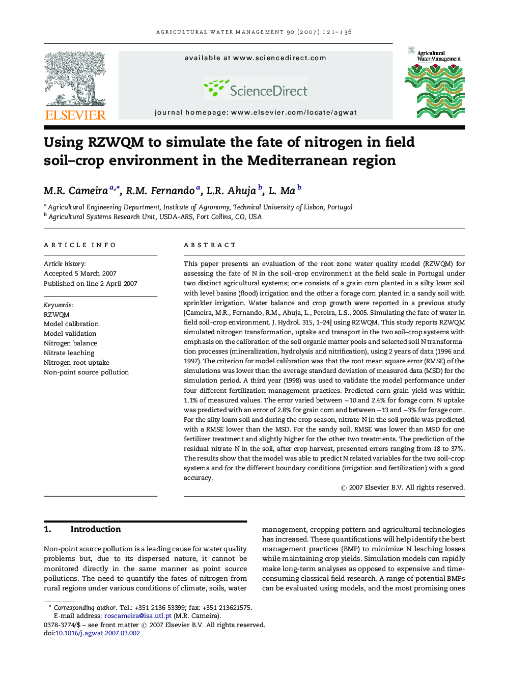 Using RZWQM to simulate the fate of nitrogen in field soil–crop environment in the Mediterranean region