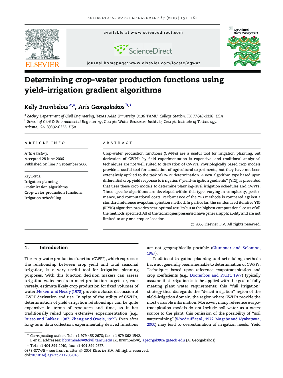 Determining crop-water production functions using yield–irrigation gradient algorithms