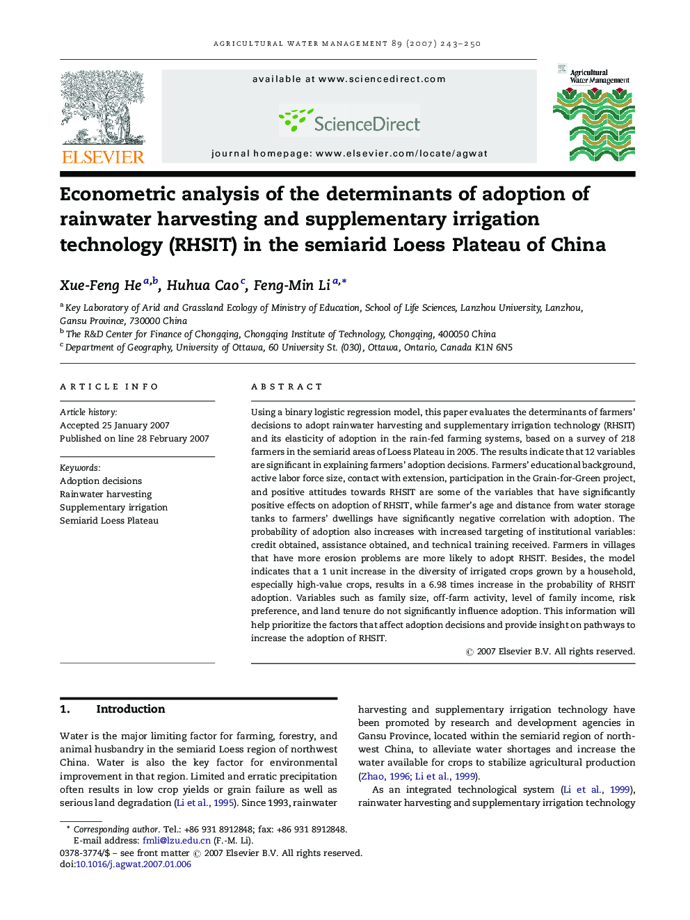 Econometric analysis of the determinants of adoption of rainwater harvesting and supplementary irrigation technology (RHSIT) in the semiarid Loess Plateau of China