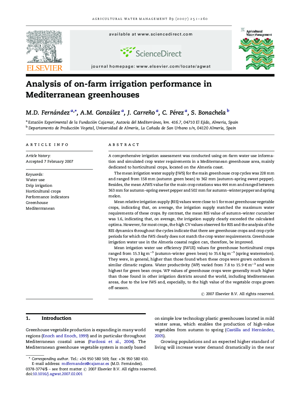 Analysis of on-farm irrigation performance in Mediterranean greenhouses