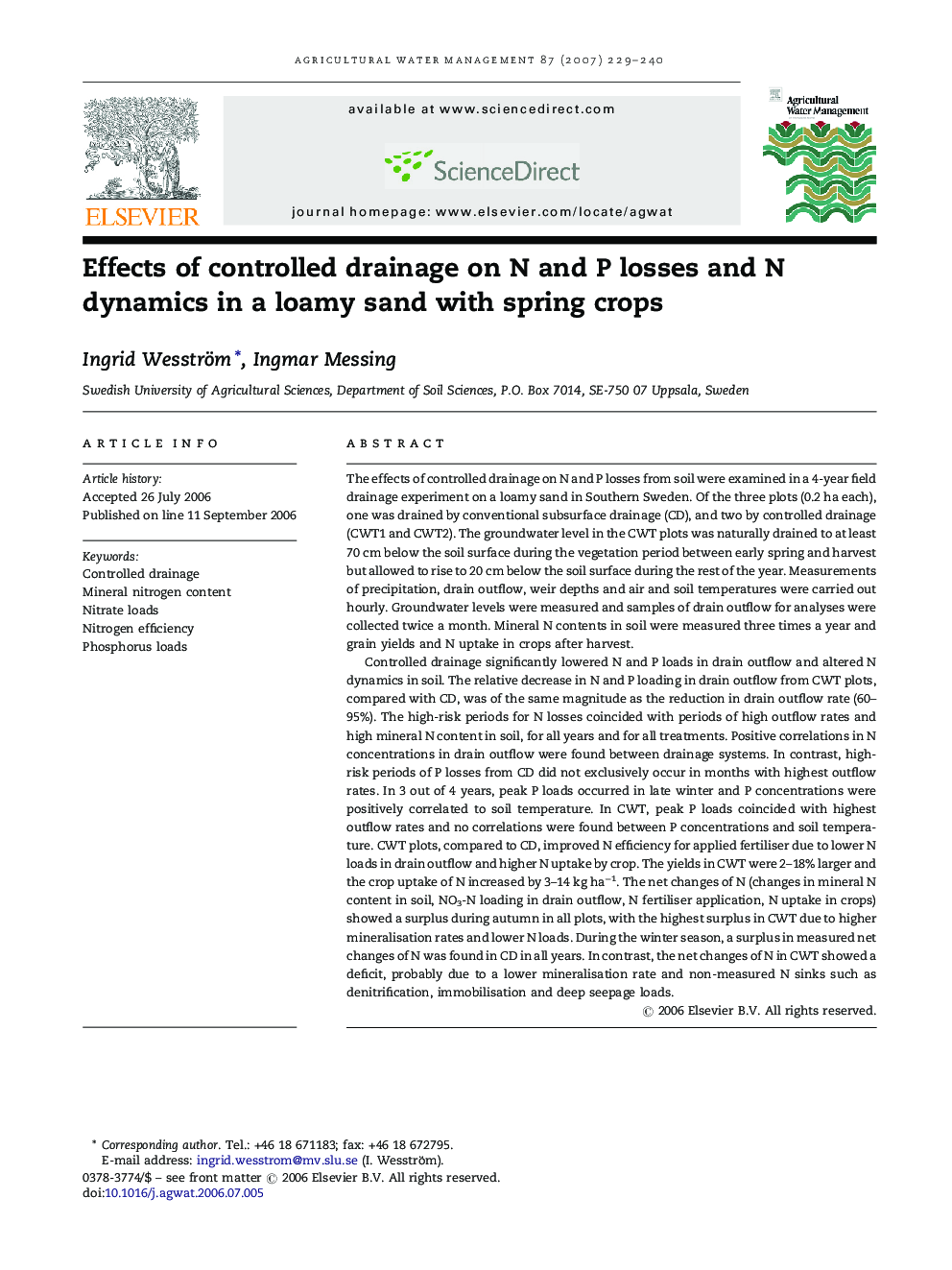 Effects of controlled drainage on N and P losses and N dynamics in a loamy sand with spring crops
