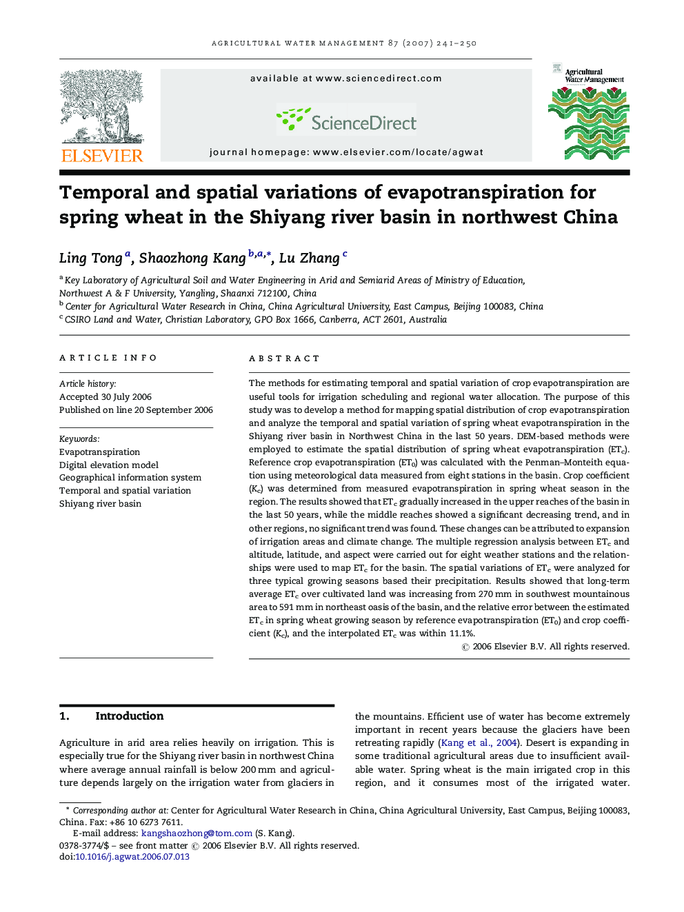 Temporal and spatial variations of evapotranspiration for spring wheat in the Shiyang river basin in northwest China