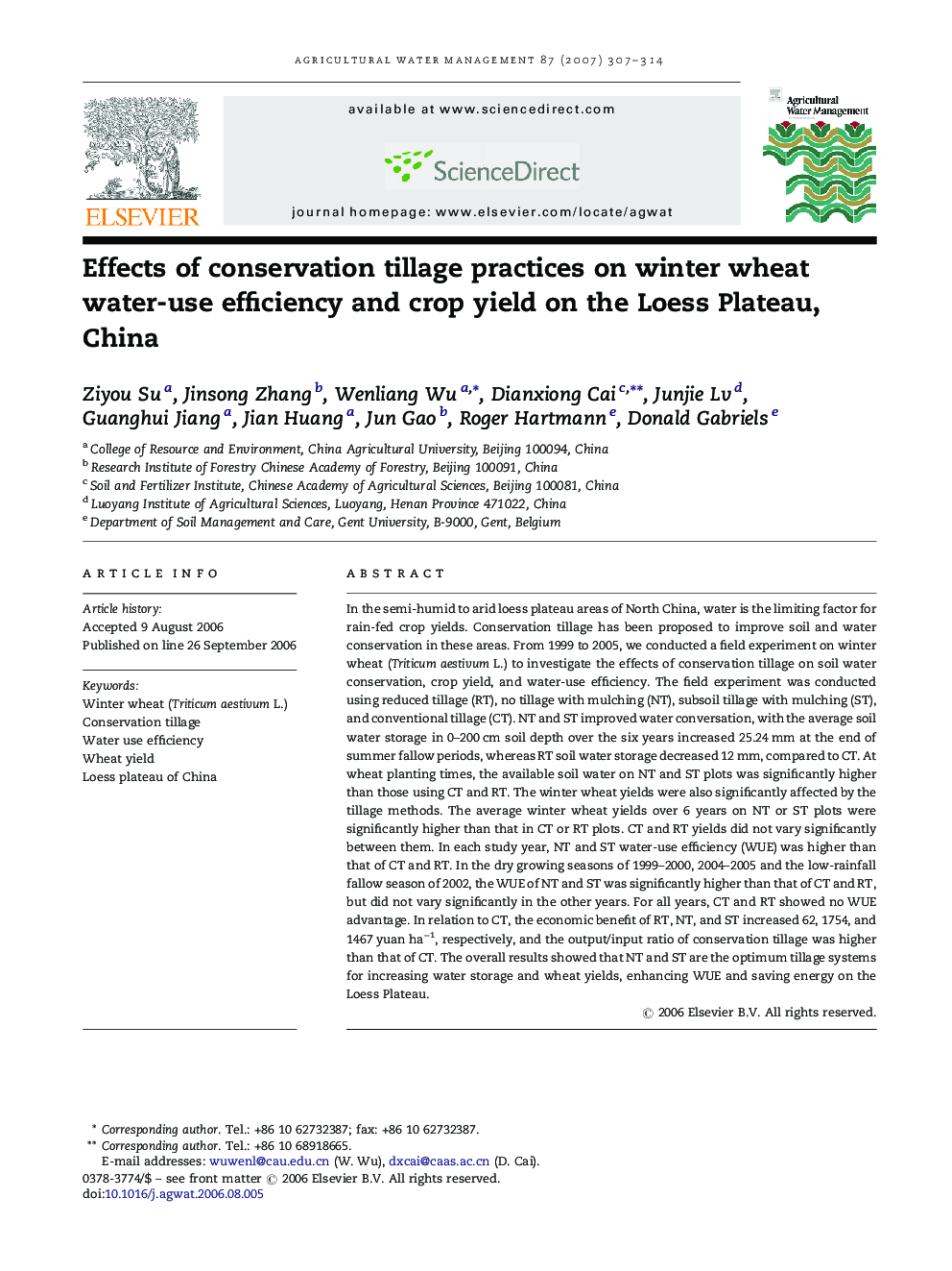 Effects of conservation tillage practices on winter wheat water-use efficiency and crop yield on the Loess Plateau, China