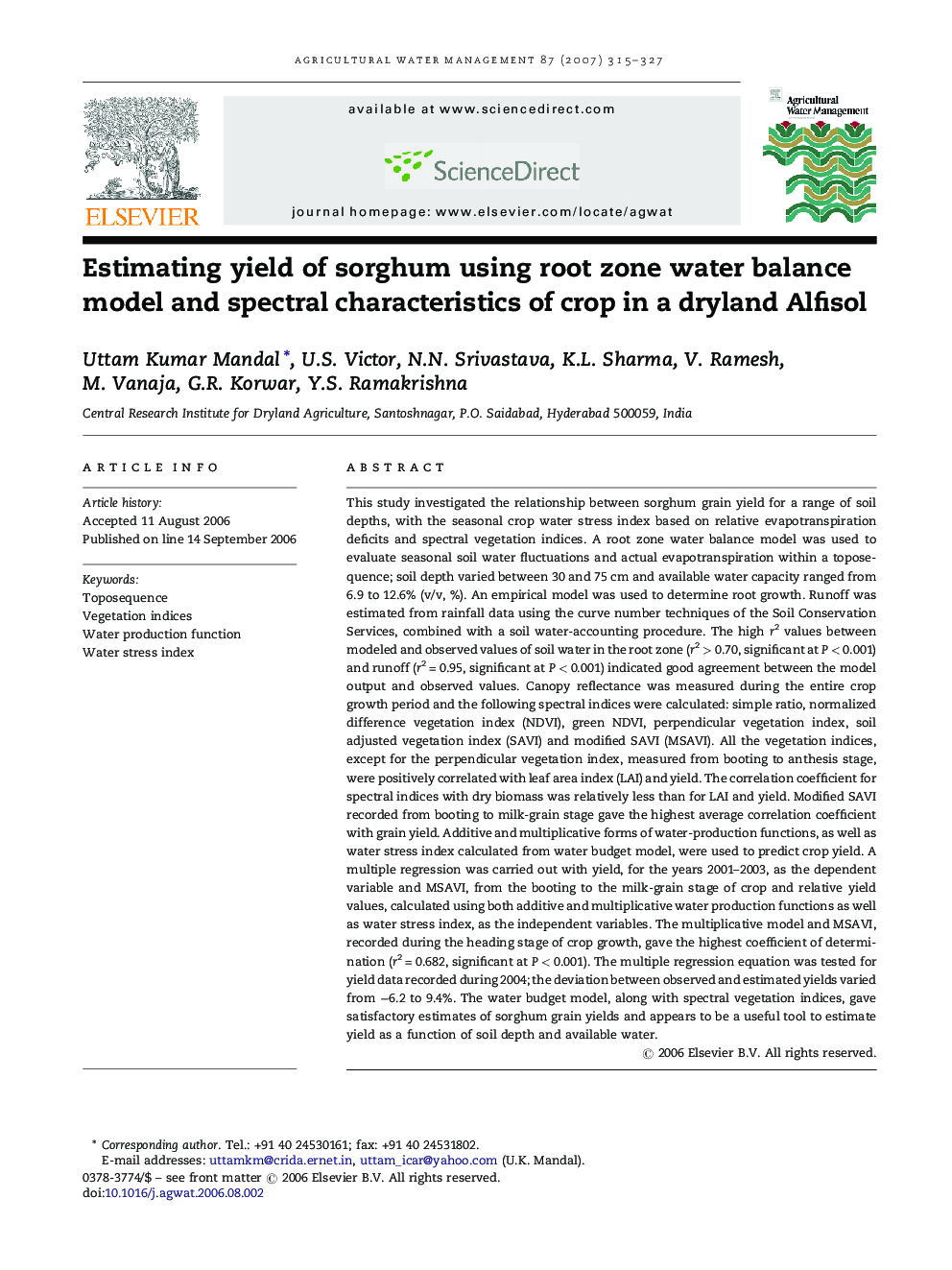 Estimating yield of sorghum using root zone water balance model and spectral characteristics of crop in a dryland Alfisol