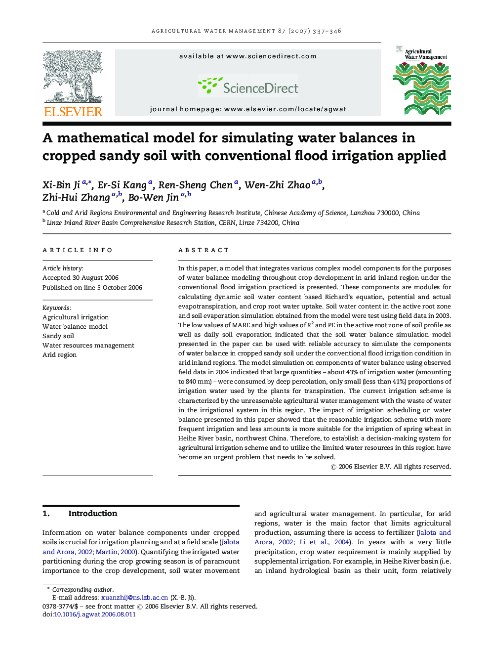 A mathematical model for simulating water balances in cropped sandy soil with conventional flood irrigation applied