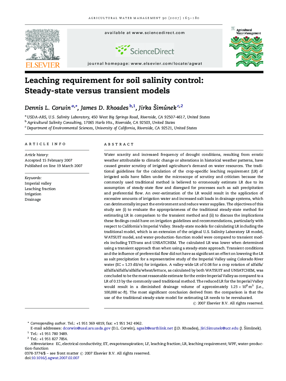 Leaching requirement for soil salinity control: Steady-state versus transient models