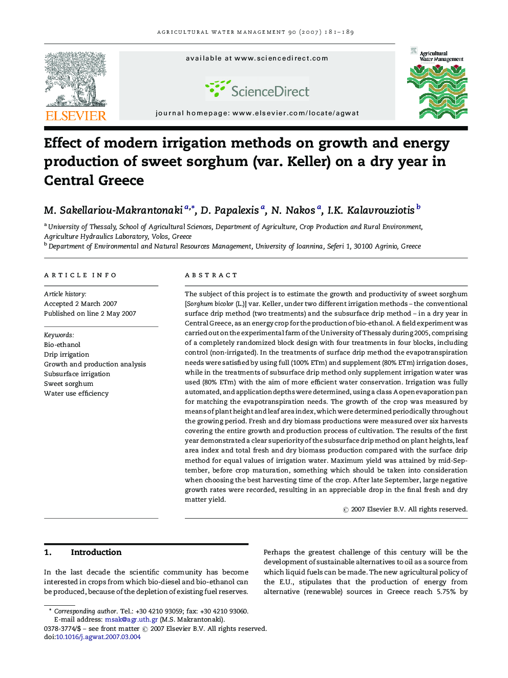 Effect of modern irrigation methods on growth and energy production of sweet sorghum (var. Keller) on a dry year in Central Greece