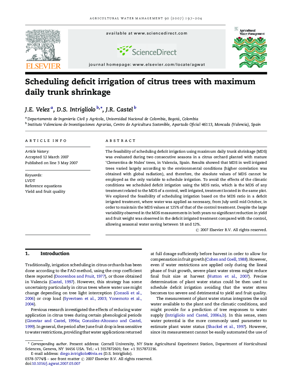 Scheduling deficit irrigation of citrus trees with maximum daily trunk shrinkage