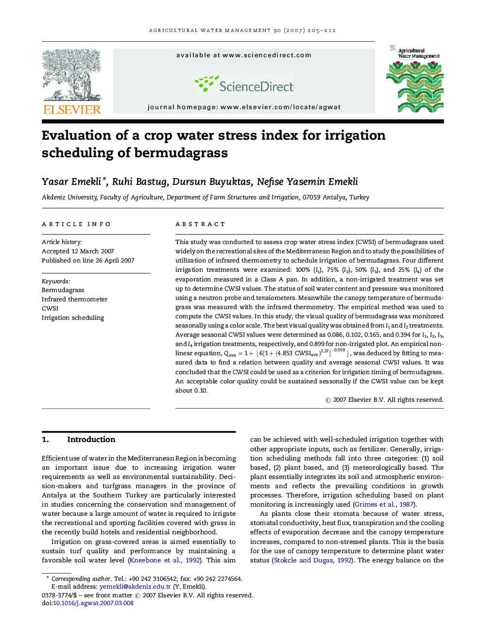 Evaluation of a crop water stress index for irrigation scheduling of bermudagrass