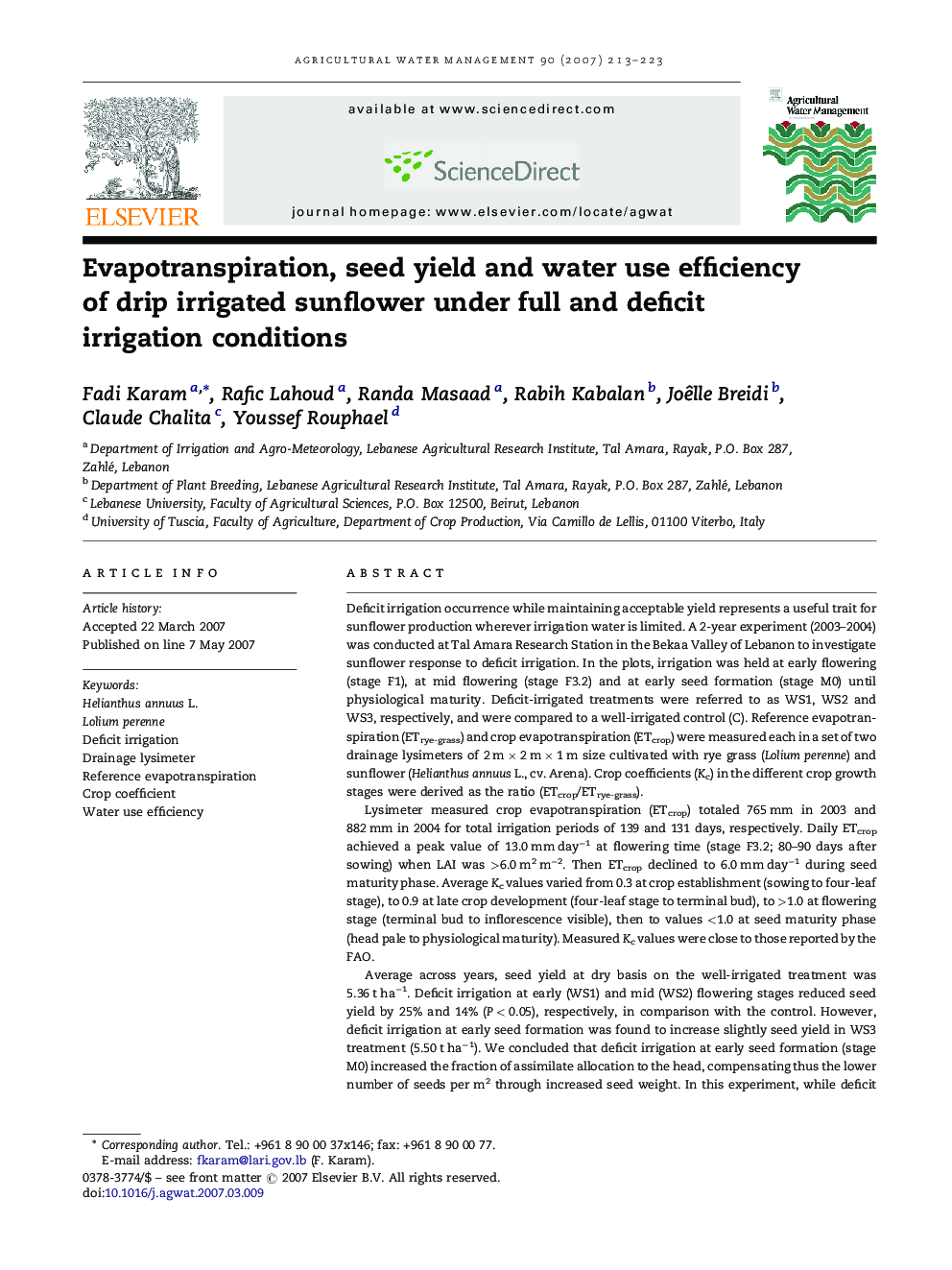 Evapotranspiration, seed yield and water use efficiency of drip irrigated sunflower under full and deficit irrigation conditions