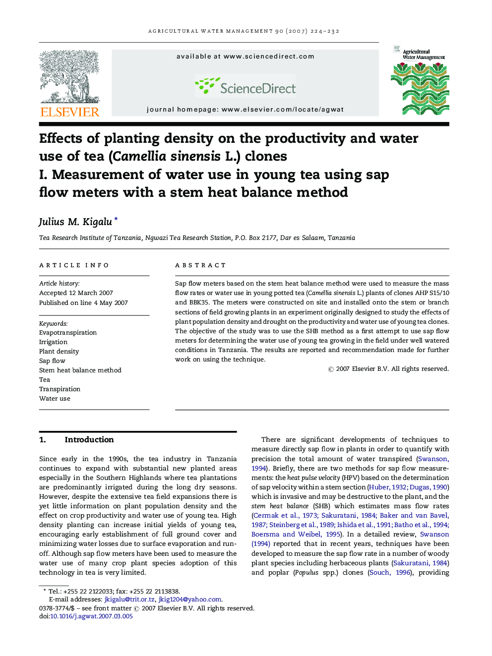 Effects of planting density on the productivity and water use of tea (Camellia sinensis L.) clones: I. Measurement of water use in young tea using sap flow meters with a stem heat balance method