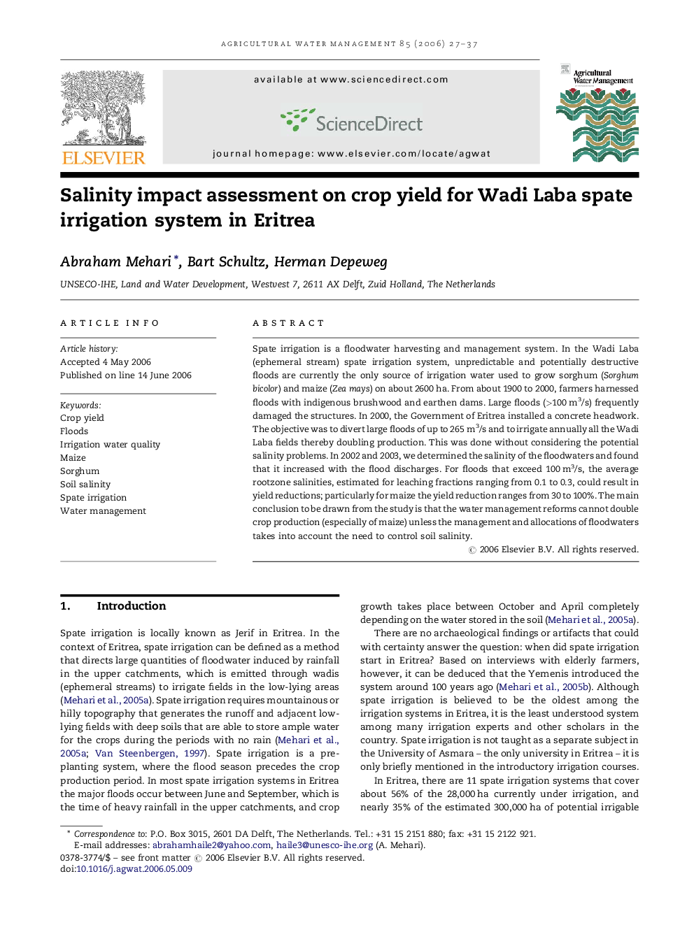 Salinity impact assessment on crop yield for Wadi Laba spate irrigation system in Eritrea