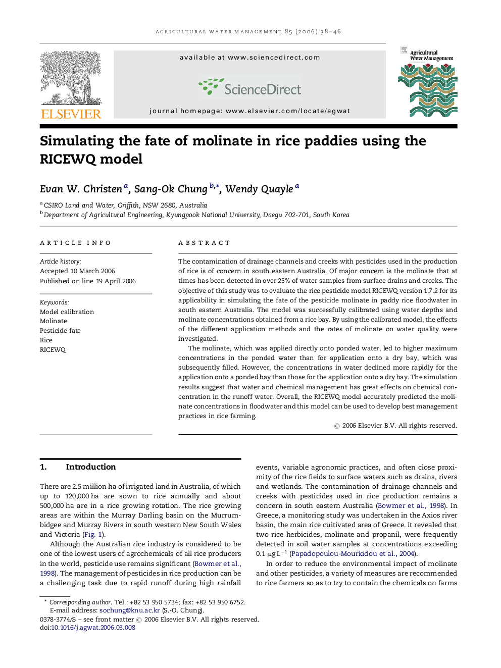 Simulating the fate of molinate in rice paddies using the RICEWQ model