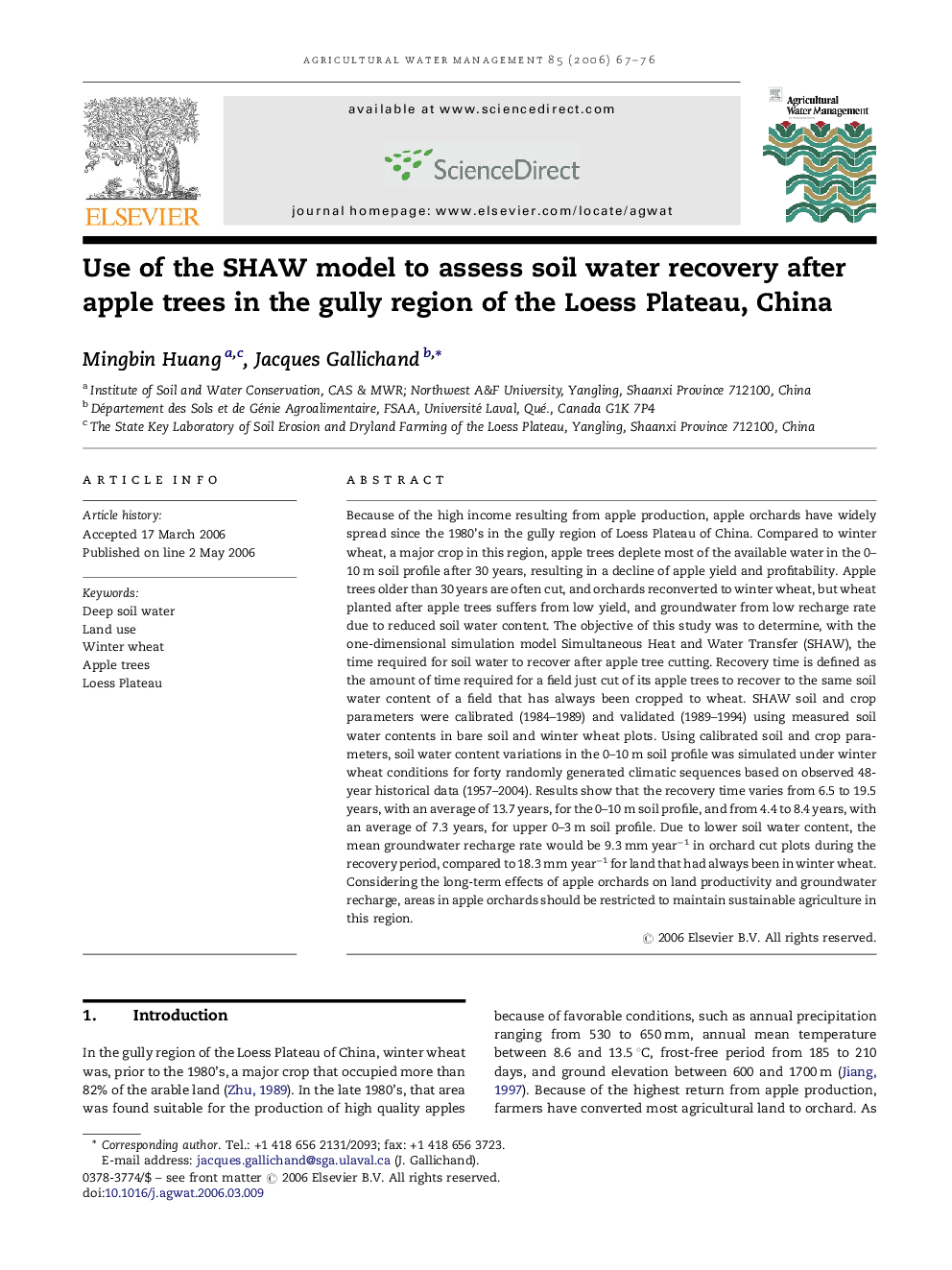 Use of the SHAW model to assess soil water recovery after apple trees in the gully region of the Loess Plateau, China