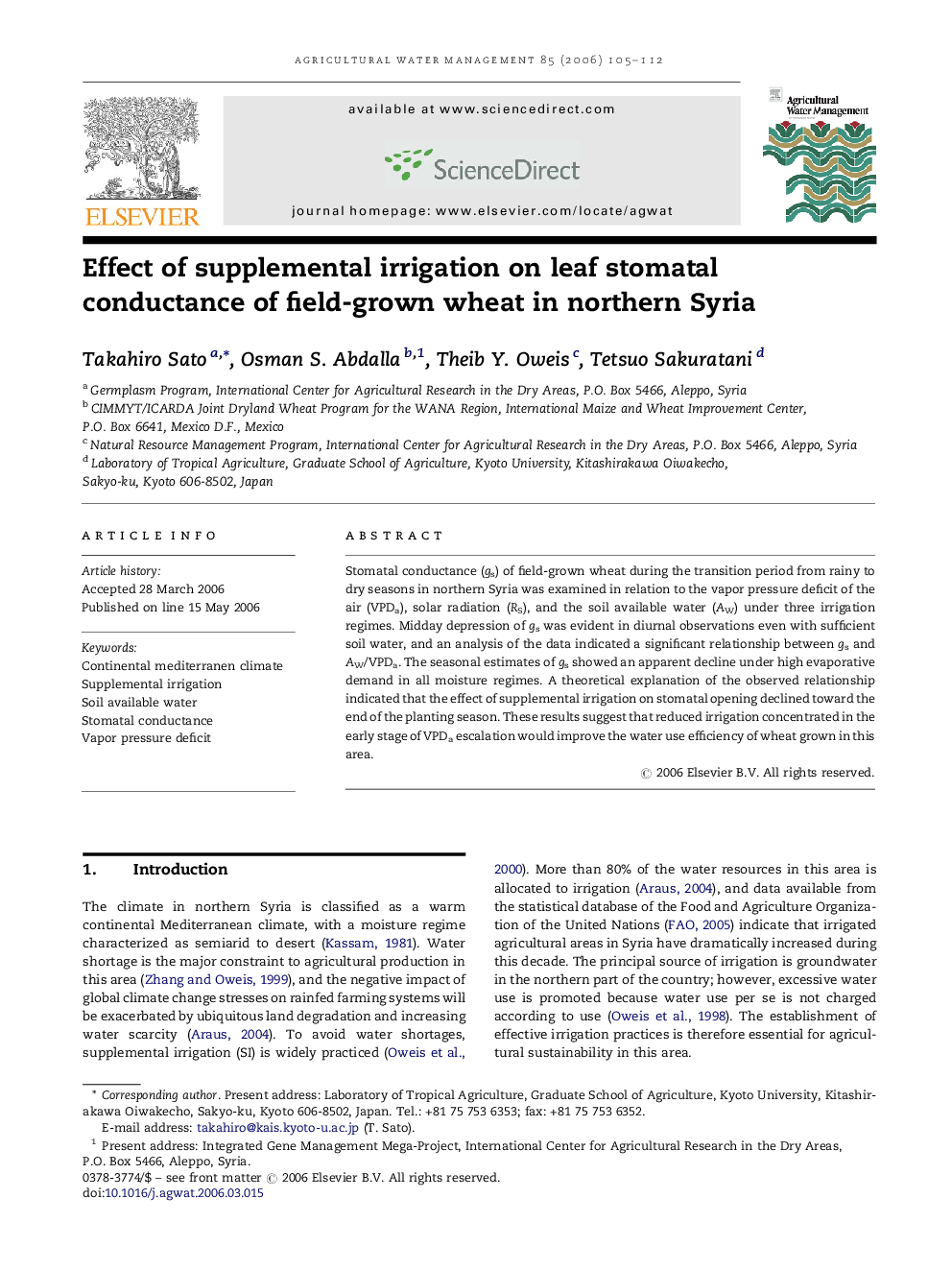 Effect of supplemental irrigation on leaf stomatal conductance of field-grown wheat in northern Syria