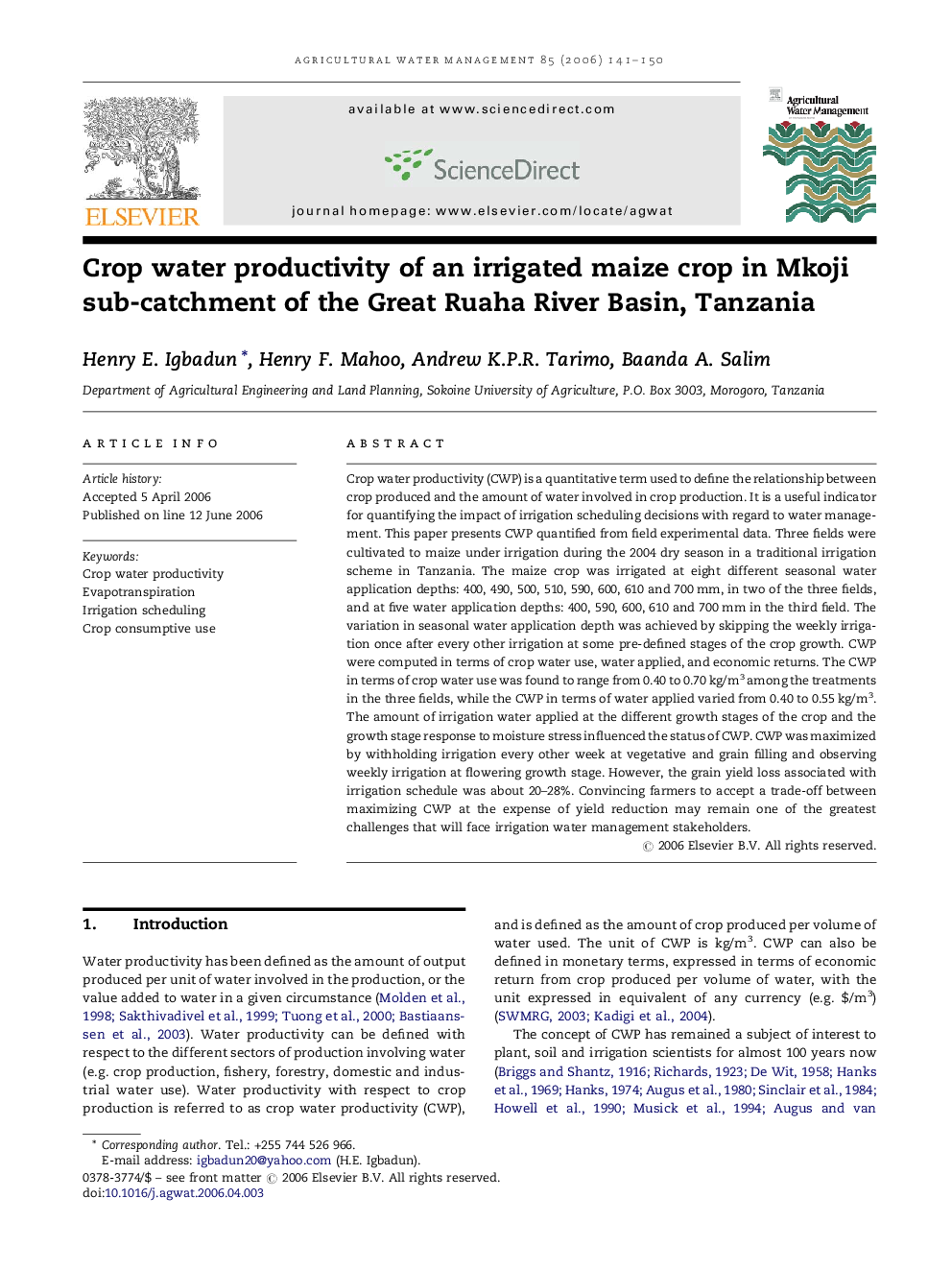 Crop water productivity of an irrigated maize crop in Mkoji sub-catchment of the Great Ruaha River Basin, Tanzania