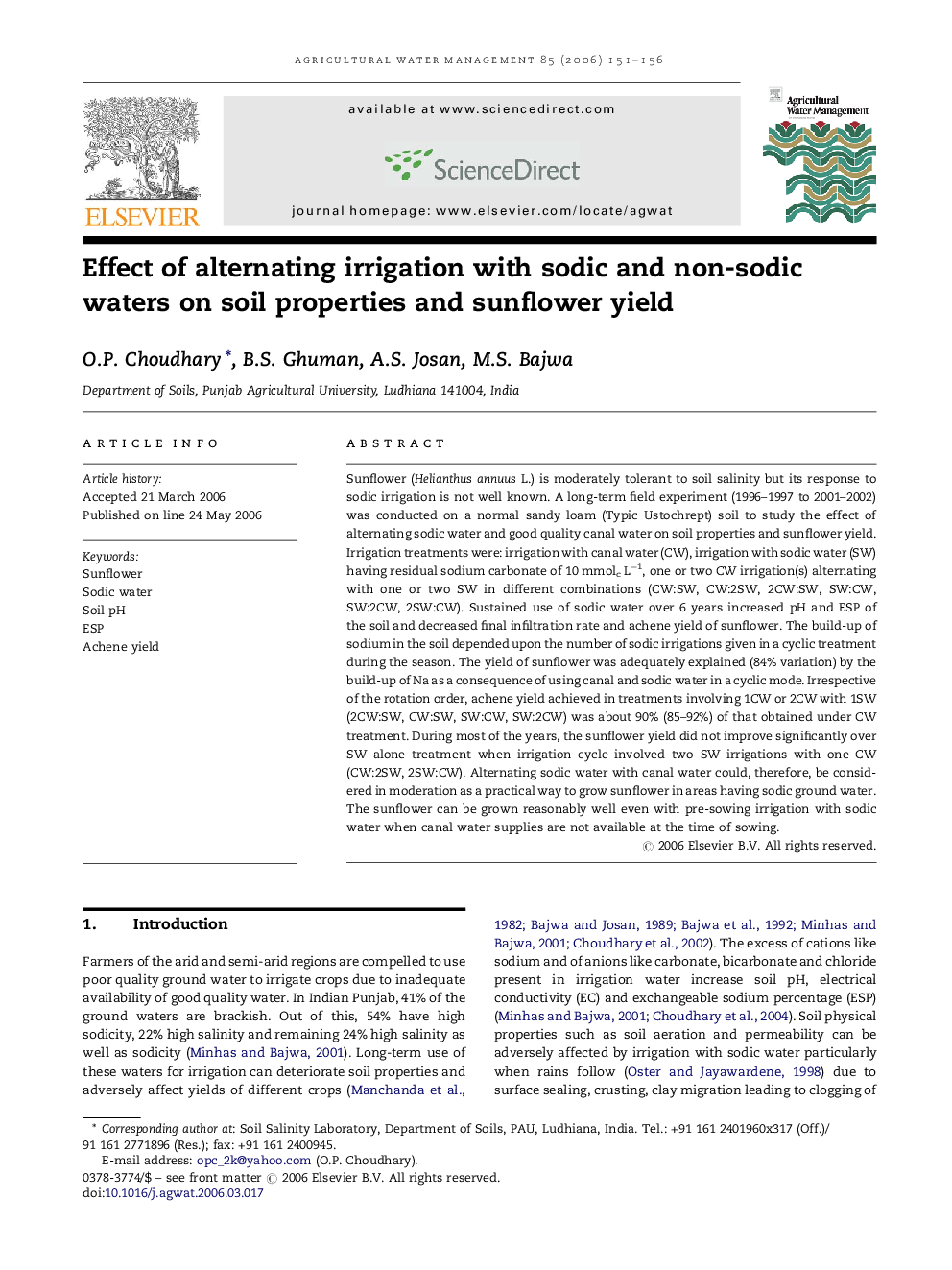 Effect of alternating irrigation with sodic and non-sodic waters on soil properties and sunflower yield