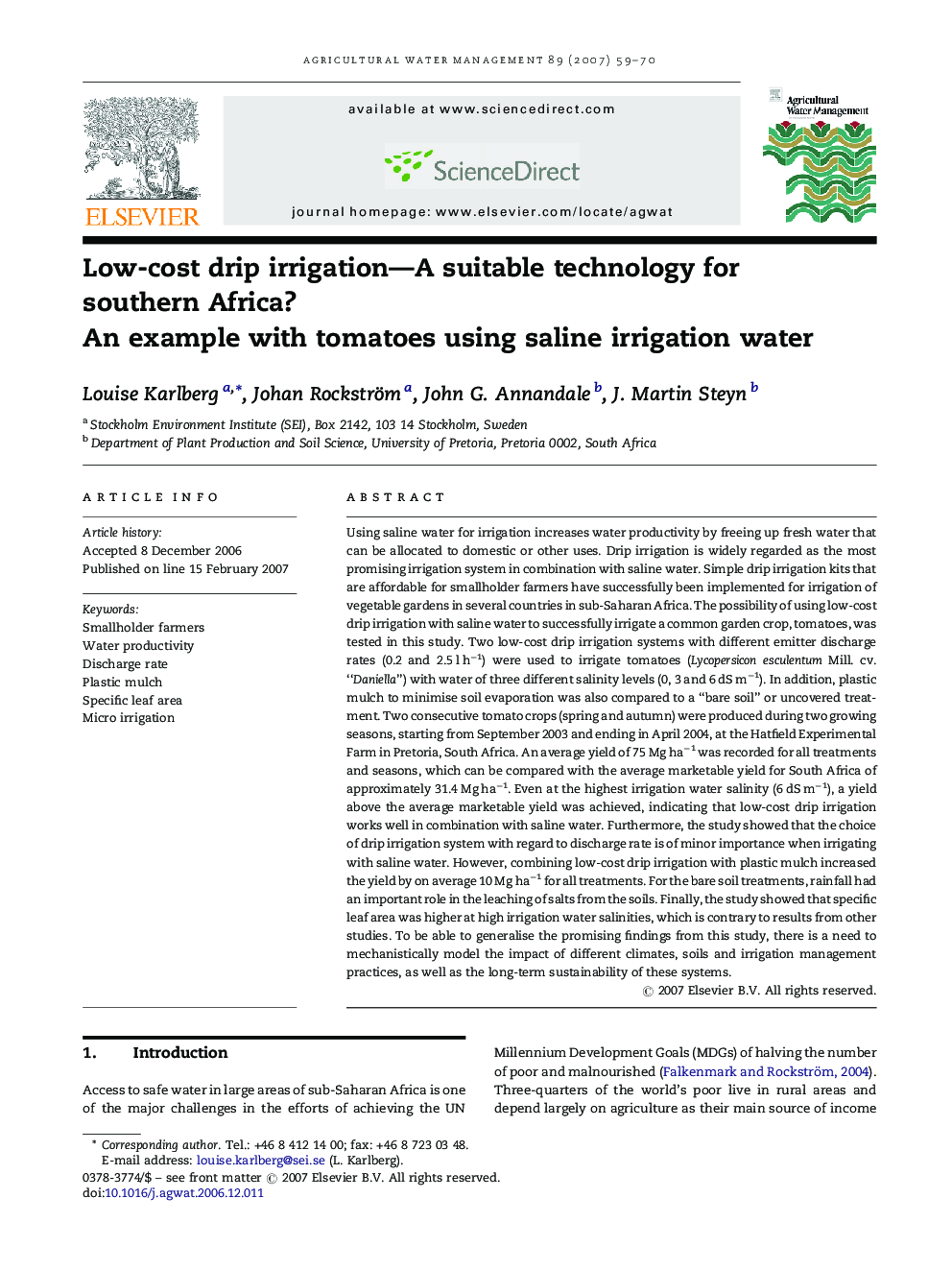 Low-cost drip irrigation—A suitable technology for southern Africa?: An example with tomatoes using saline irrigation water