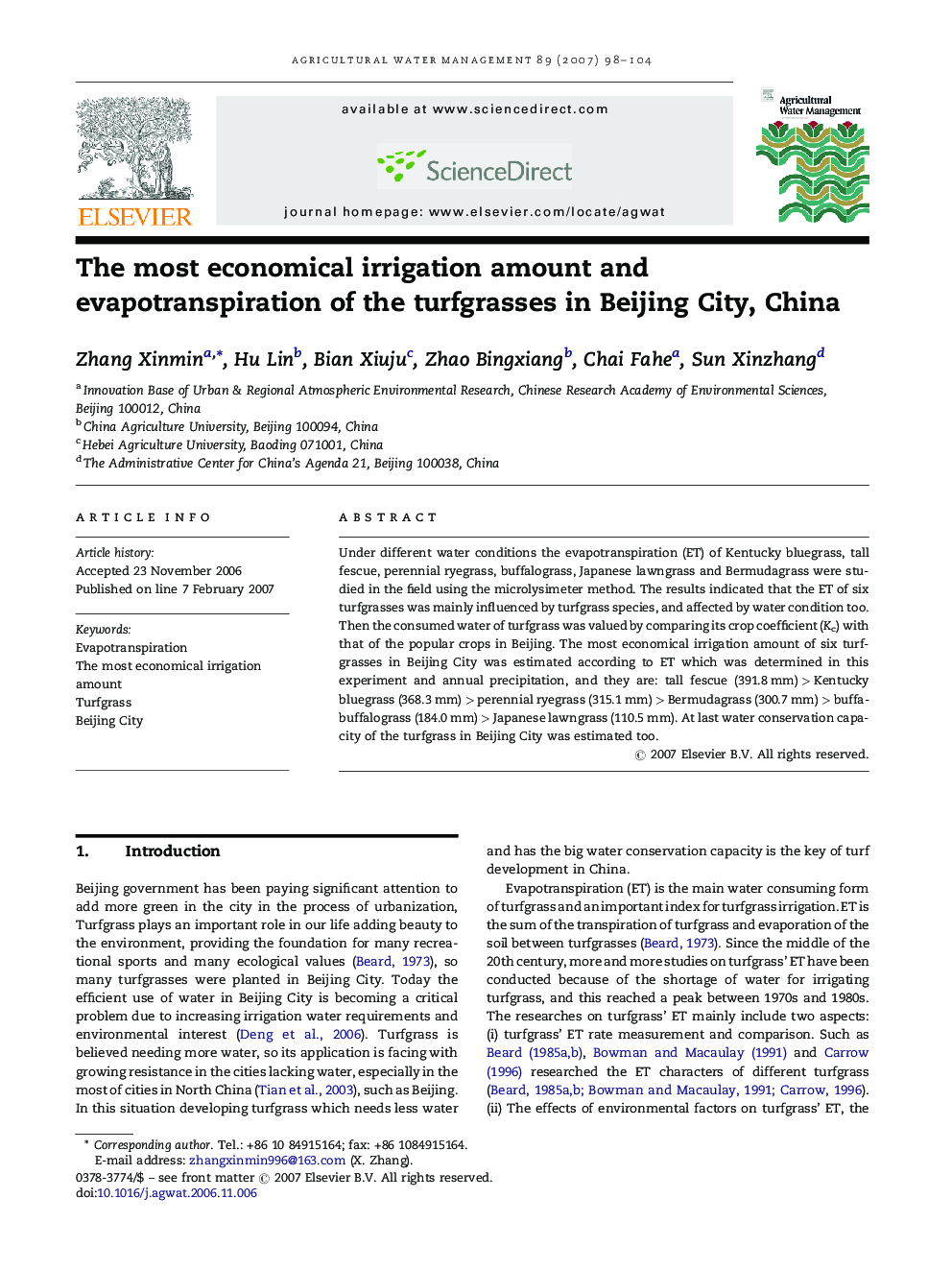 The most economical irrigation amount and evapotranspiration of the turfgrasses in Beijing City, China