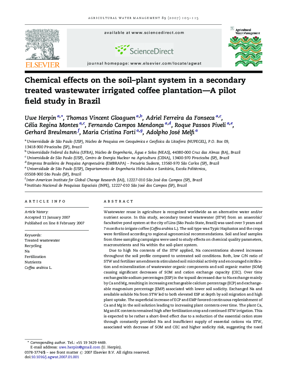 Chemical effects on the soil–plant system in a secondary treated wastewater irrigated coffee plantation—A pilot field study in Brazil