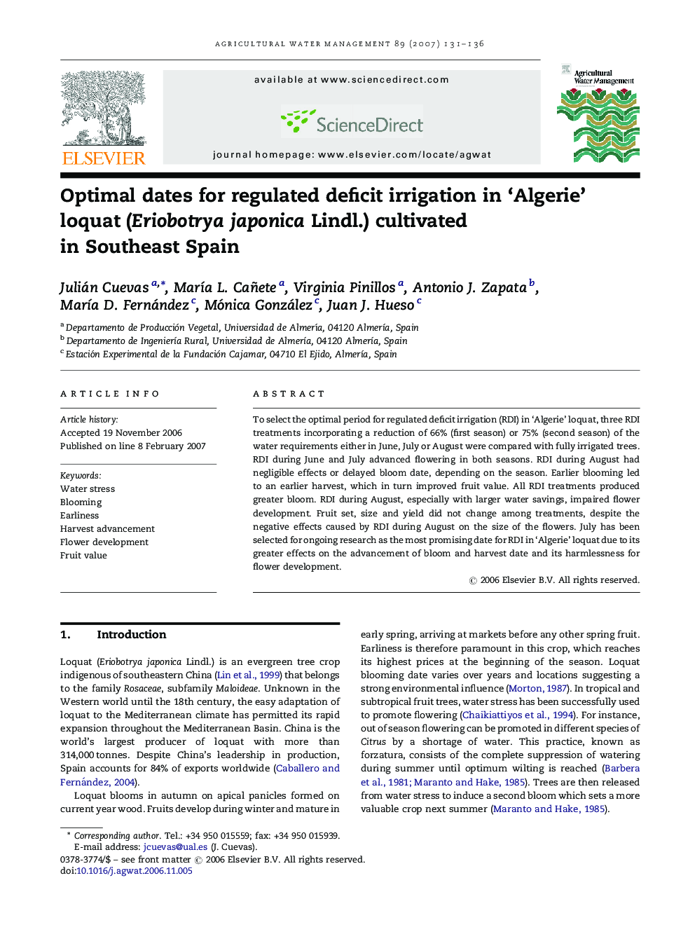 Optimal dates for regulated deficit irrigation in ‘Algerie’ loquat (Eriobotrya japonica Lindl.) cultivated in Southeast Spain