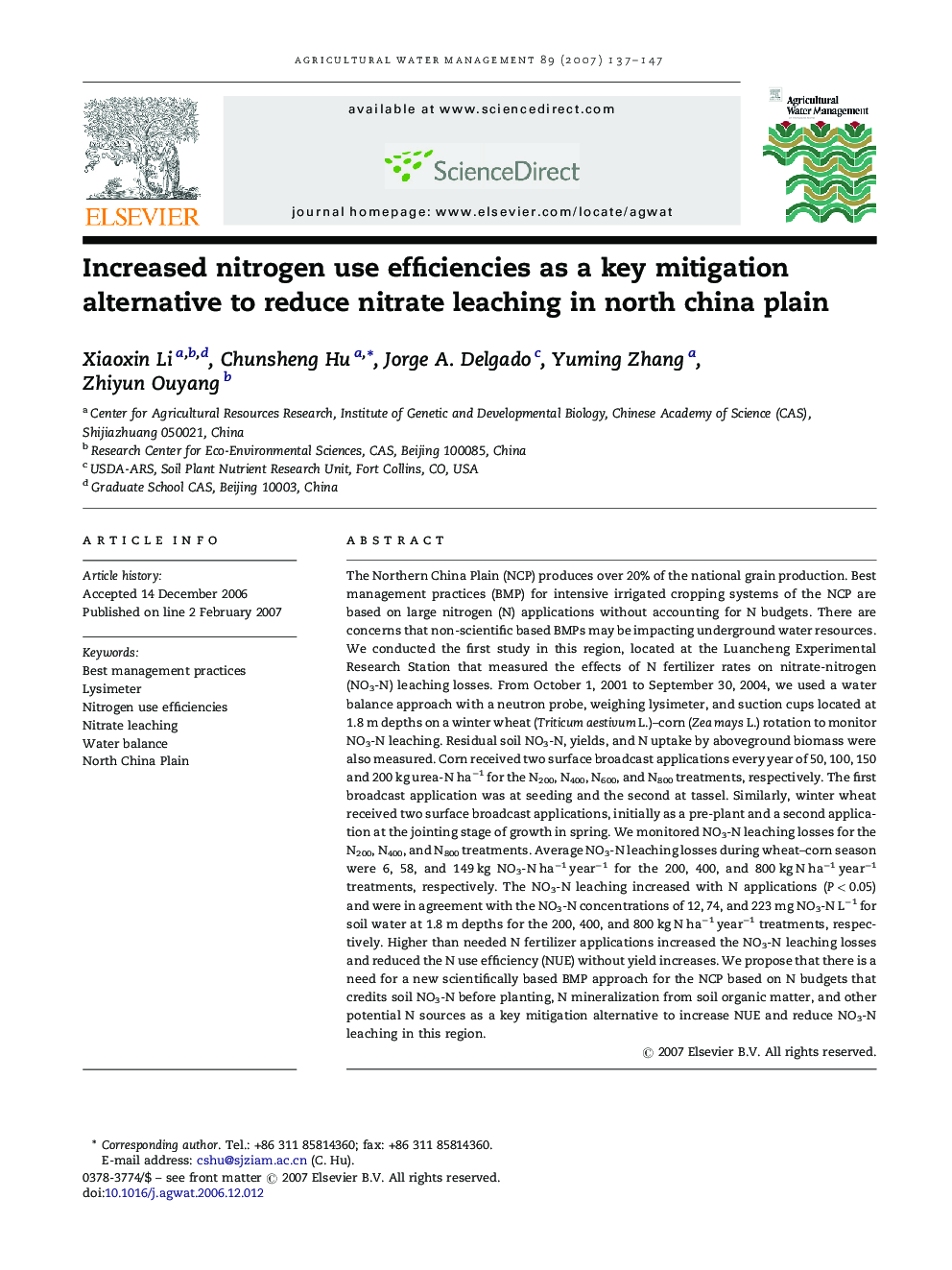 Increased nitrogen use efficiencies as a key mitigation alternative to reduce nitrate leaching in north china plain