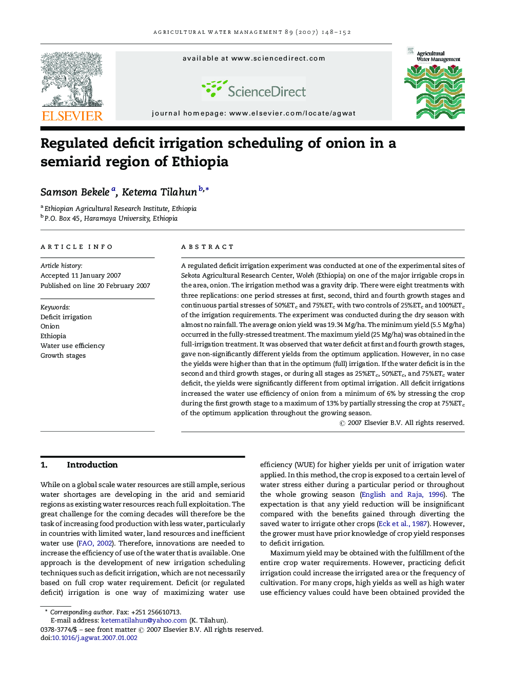 Regulated deficit irrigation scheduling of onion in a semiarid region of Ethiopia