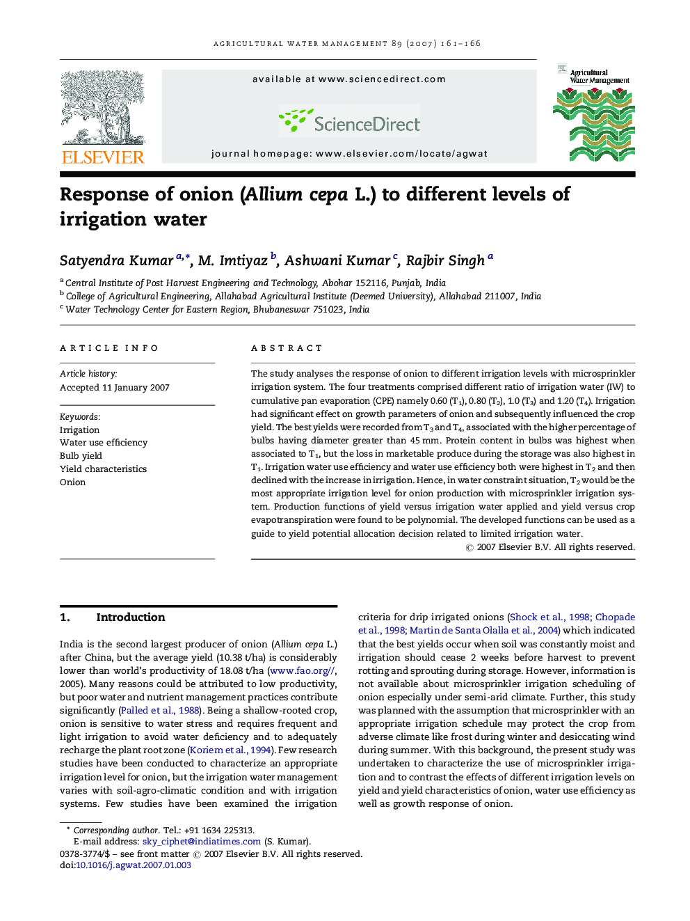 Response of onion (Allium cepa L.) to different levels of irrigation water