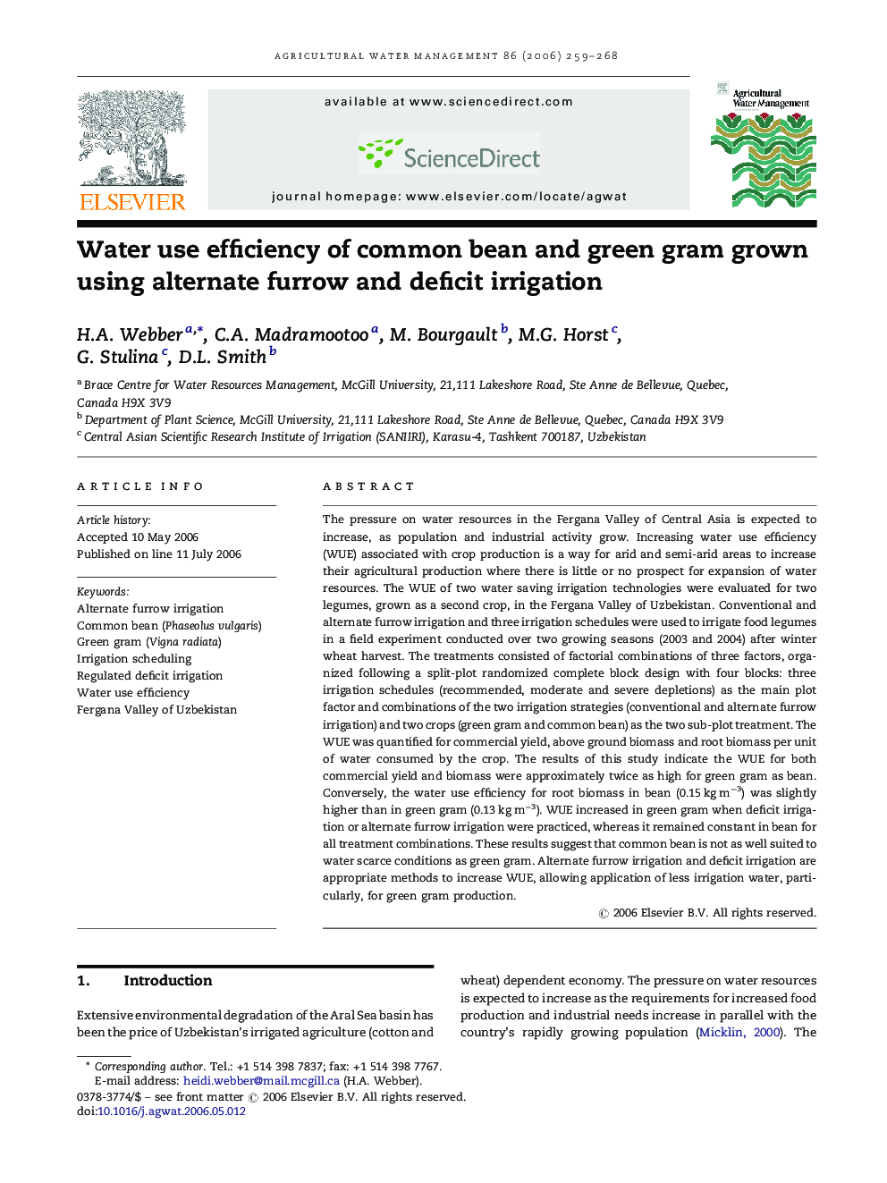 Water use efficiency of common bean and green gram grown using alternate furrow and deficit irrigation