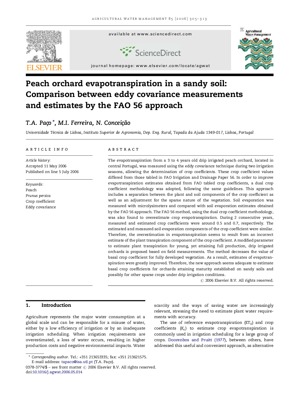 Peach orchard evapotranspiration in a sandy soil: Comparison between eddy covariance measurements and estimates by the FAO 56 approach