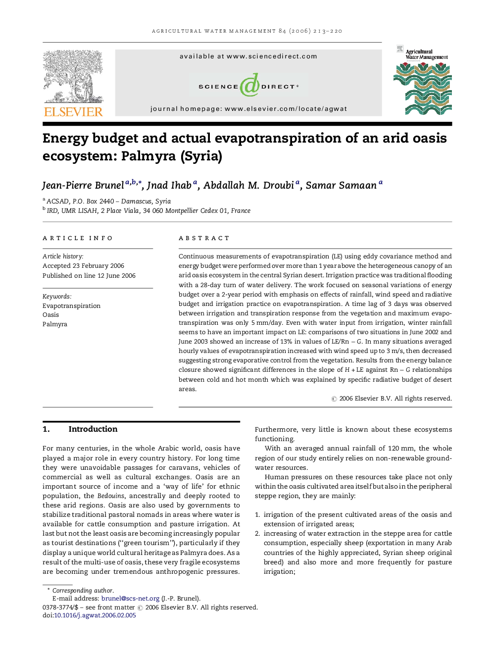 Energy budget and actual evapotranspiration of an arid oasis ecosystem: Palmyra (Syria)