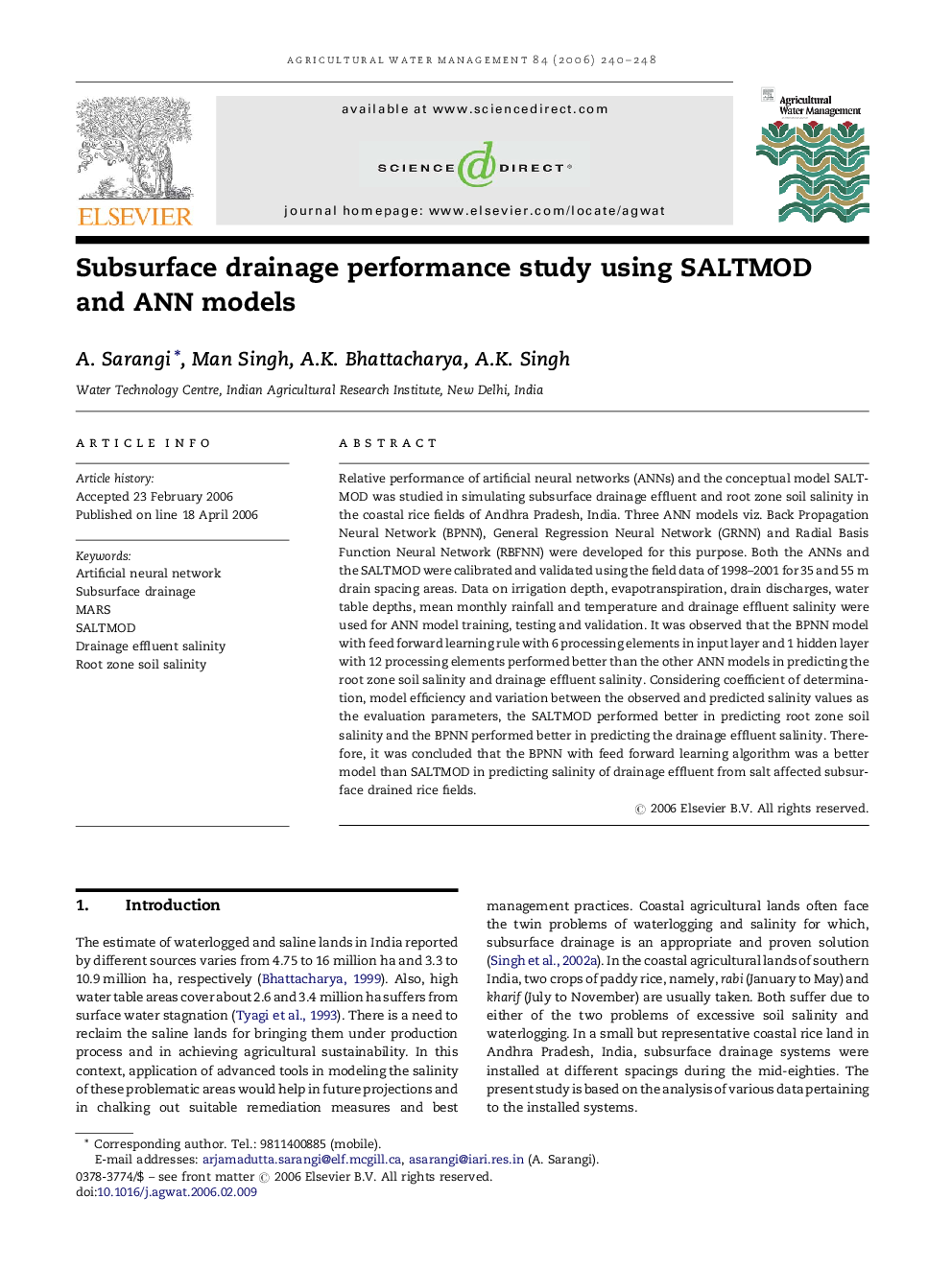 Subsurface drainage performance study using SALTMOD and ANN models