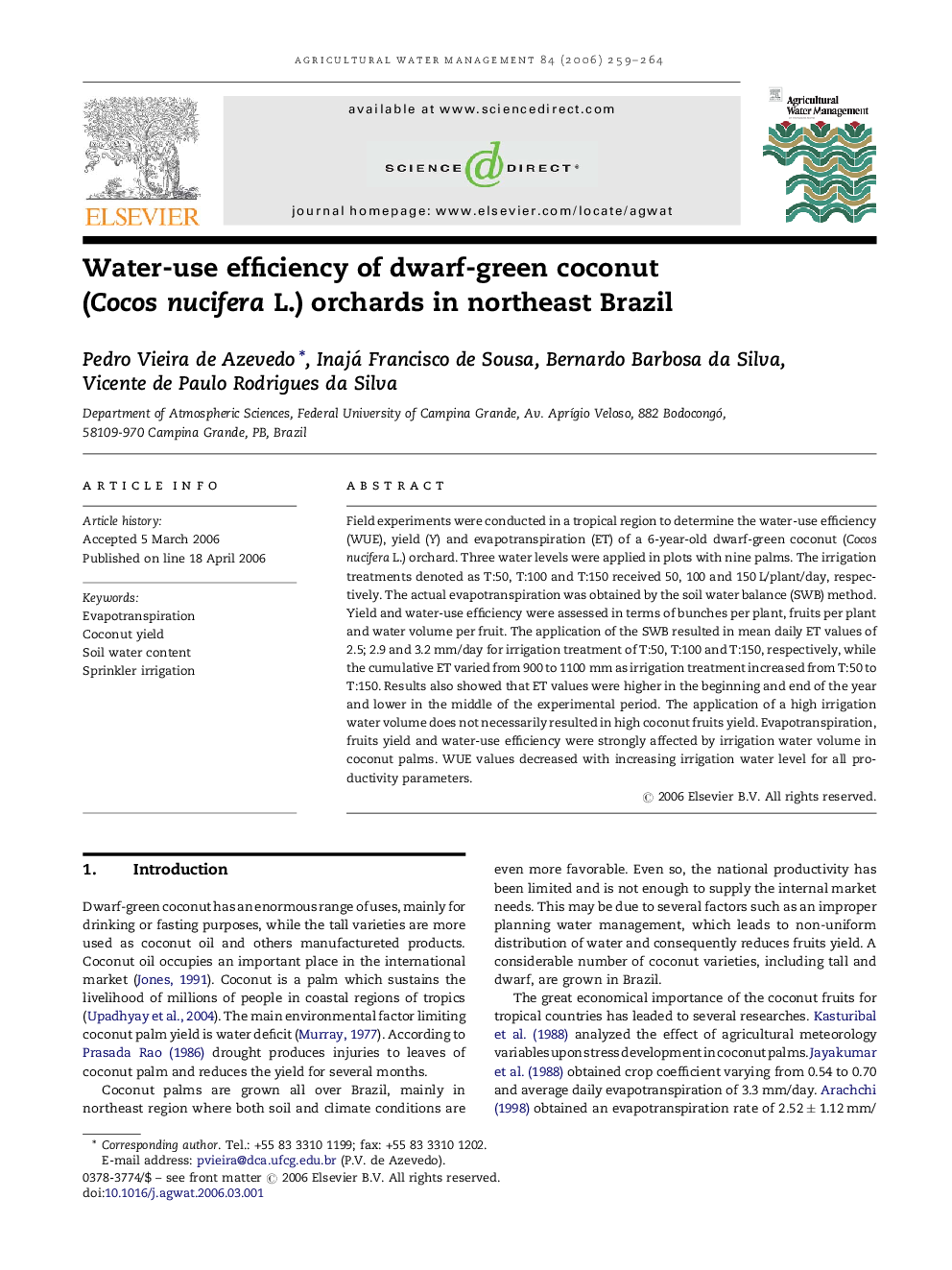 Water-use efficiency of dwarf-green coconut (Cocos nucifera L.) orchards in northeast Brazil