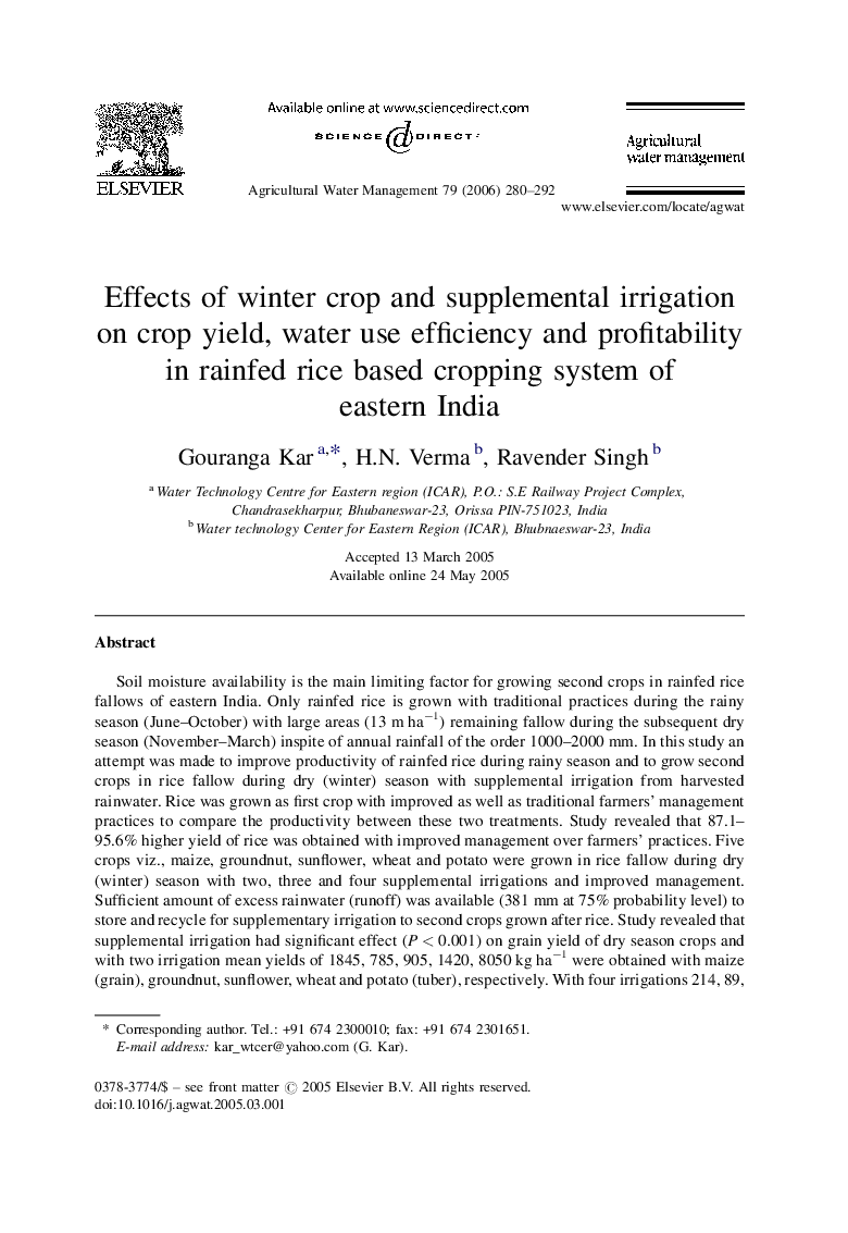 Effects of winter crop and supplemental irrigation on crop yield, water use efficiency and profitability in rainfed rice based cropping system of eastern India