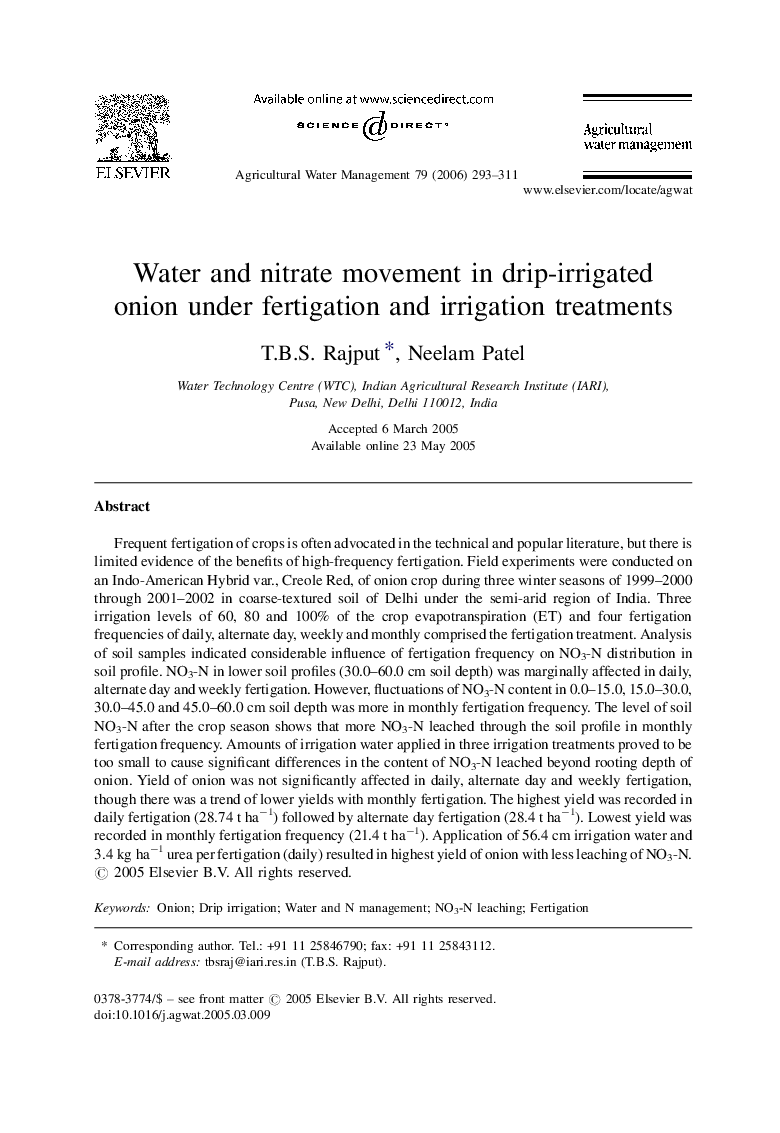 Water and nitrate movement in drip-irrigated onion under fertigation and irrigation treatments