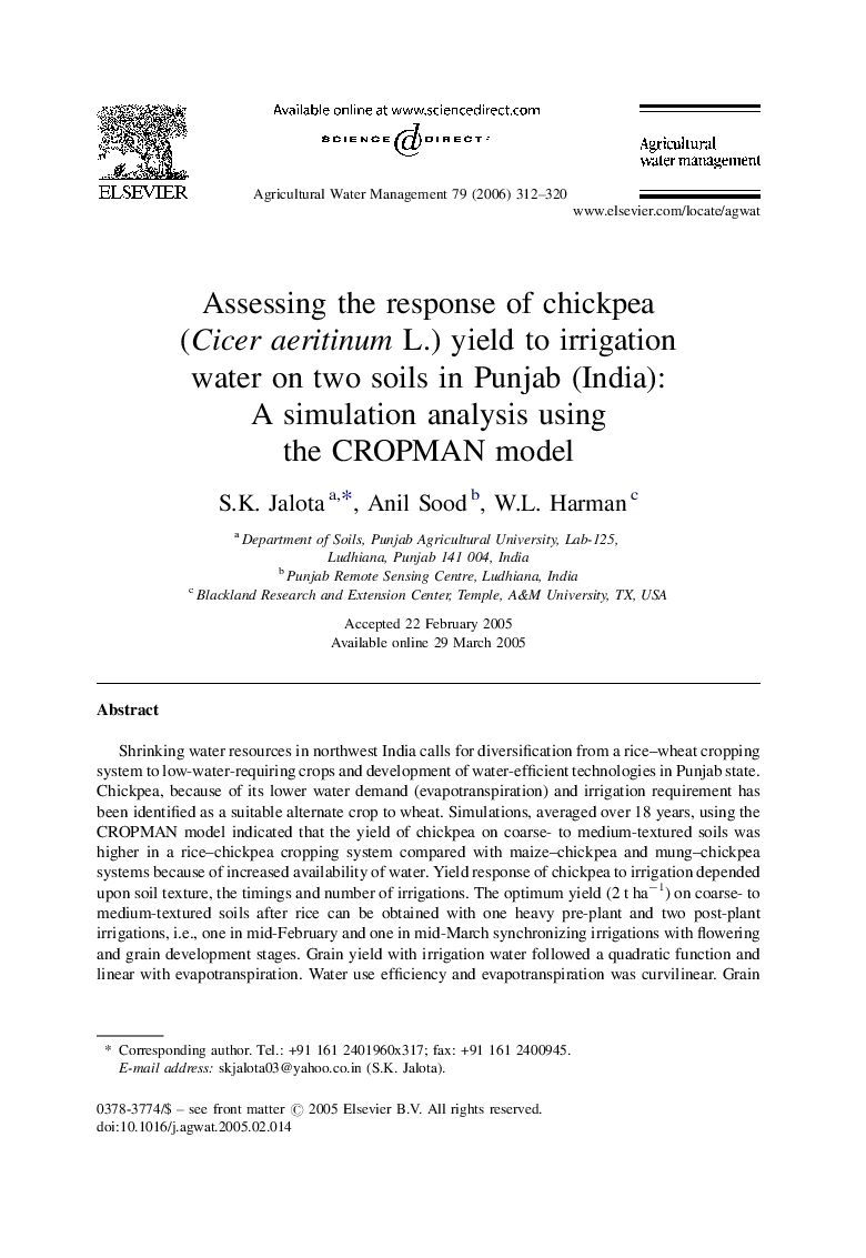 Assessing the response of chickpea (Cicer aeritinum L.) yield to irrigation water on two soils in Punjab (India): A simulation analysis using the CROPMAN model