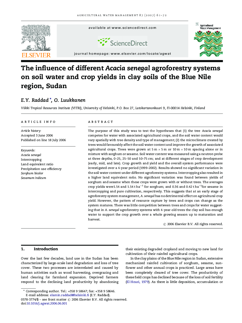 The influence of different Acacia senegal agroforestry systems on soil water and crop yields in clay soils of the Blue Nile region, Sudan