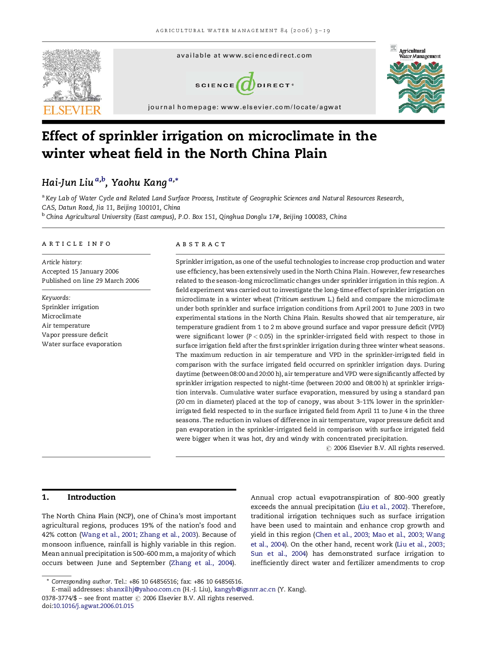 Effect of sprinkler irrigation on microclimate in the winter wheat field in the North China Plain