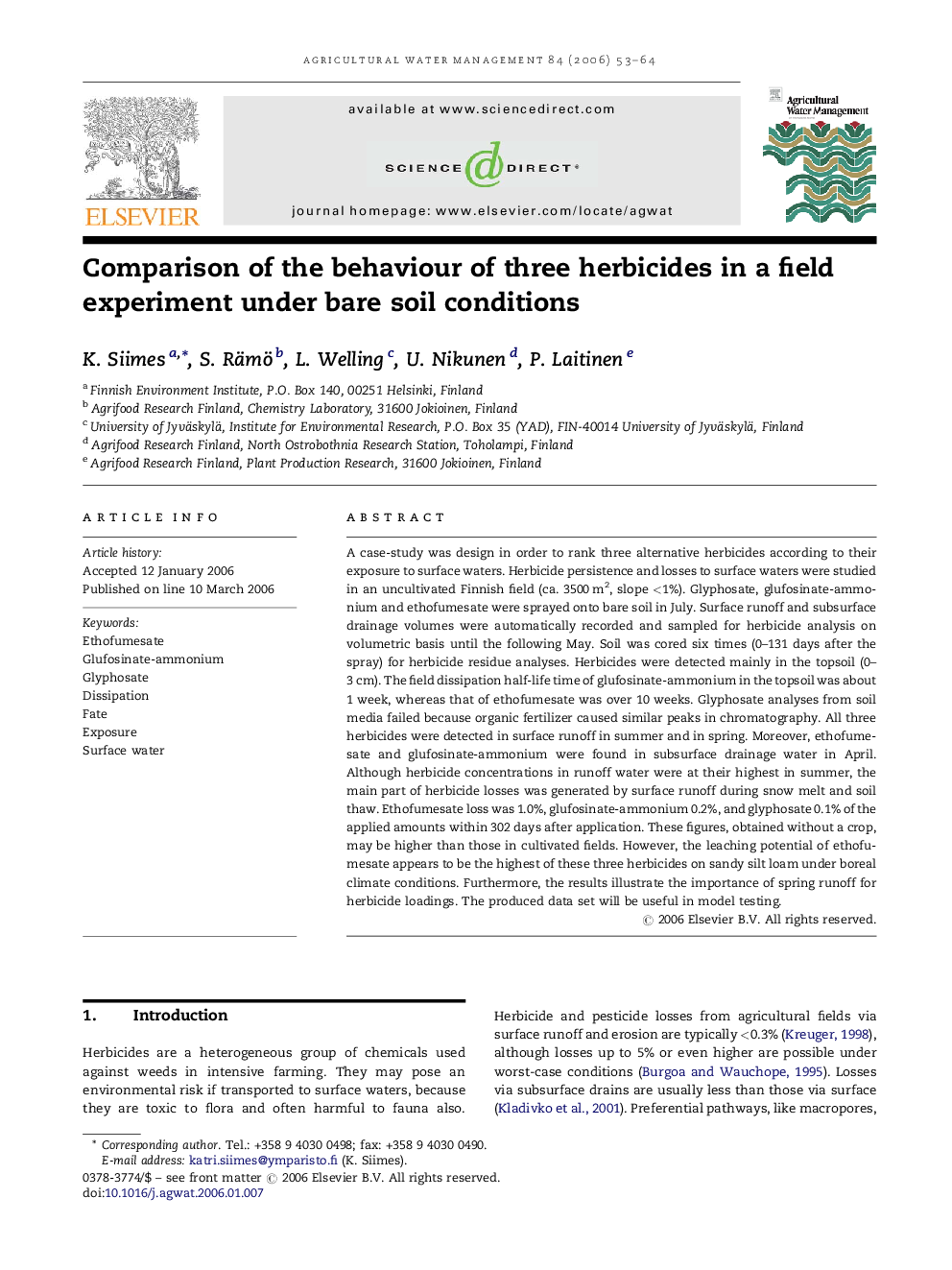 Comparison of the behaviour of three herbicides in a field experiment under bare soil conditions