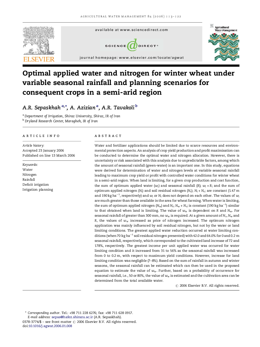 Optimal applied water and nitrogen for winter wheat under variable seasonal rainfall and planning scenarios for consequent crops in a semi-arid region