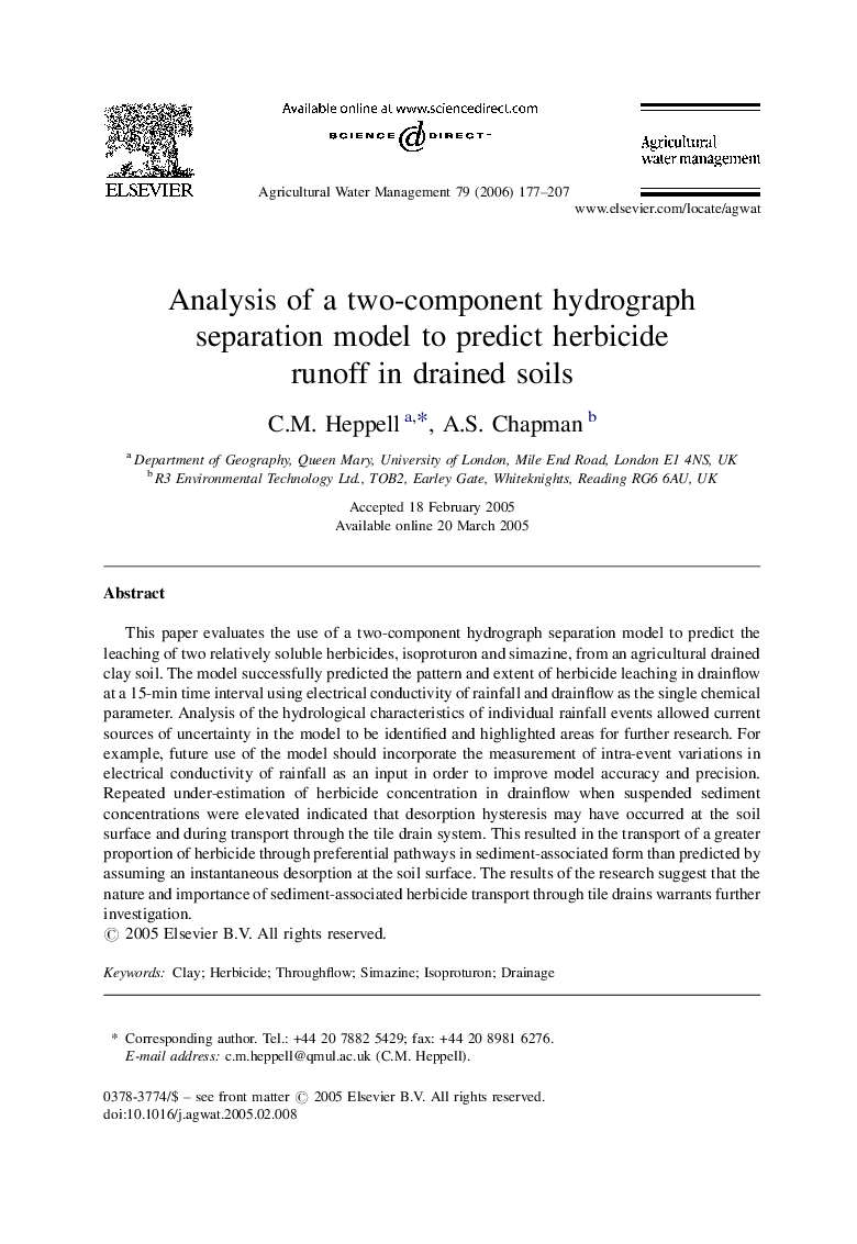 Analysis of a two-component hydrograph separation model to predict herbicide runoff in drained soils