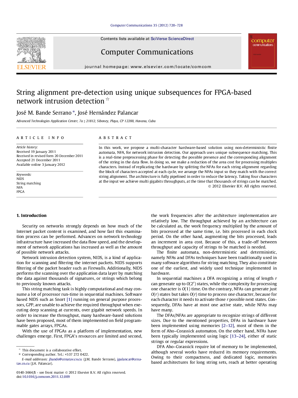 String alignment pre-detection using unique subsequences for FPGA-based network intrusion detection 