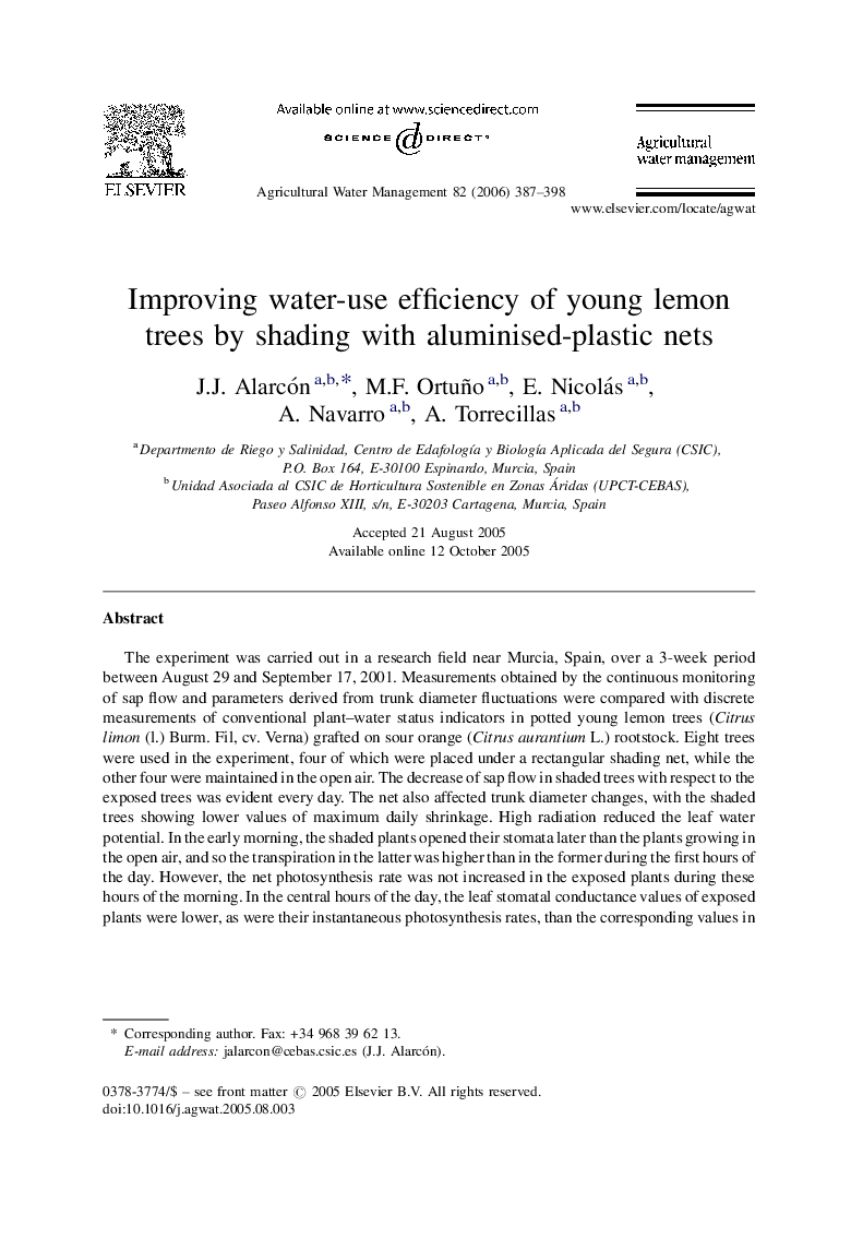 Improving water-use efficiency of young lemon trees by shading with aluminised-plastic nets