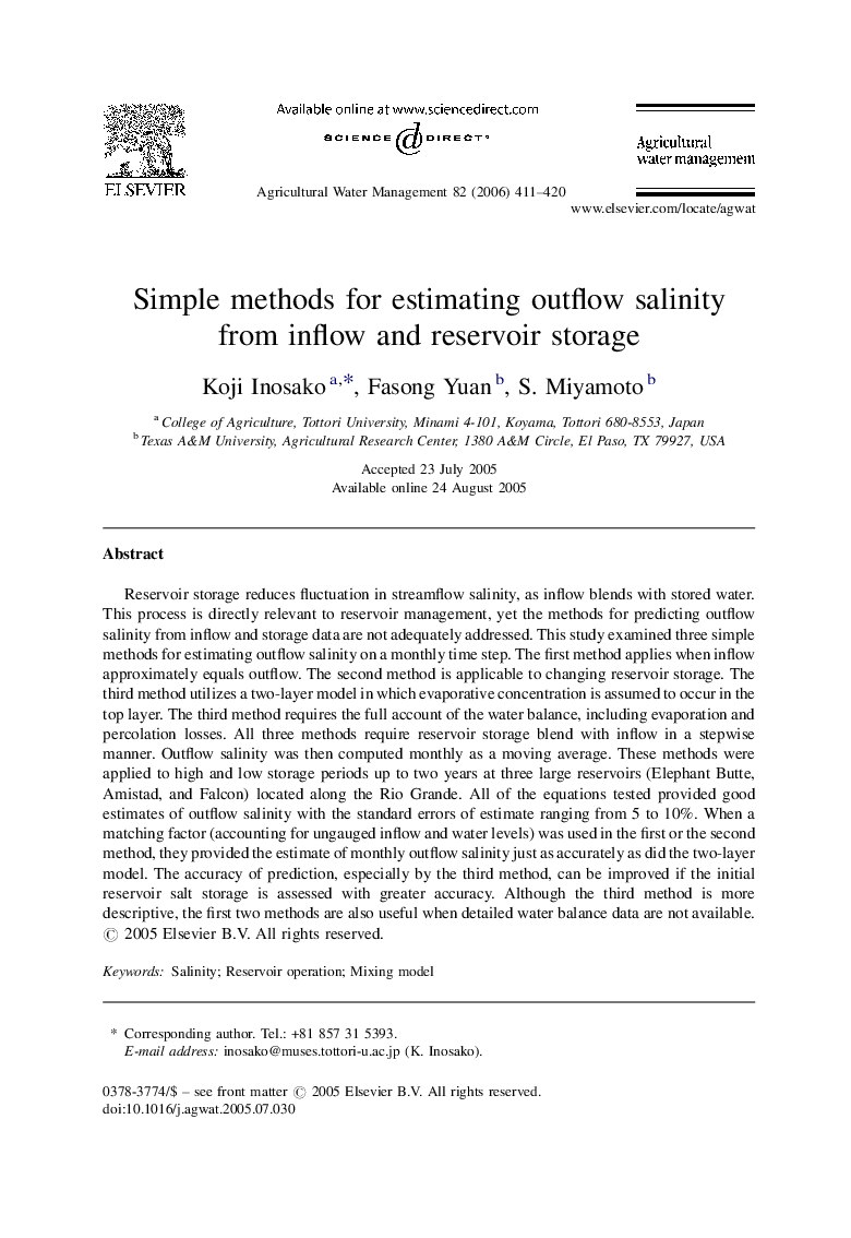 Simple methods for estimating outflow salinity from inflow and reservoir storage