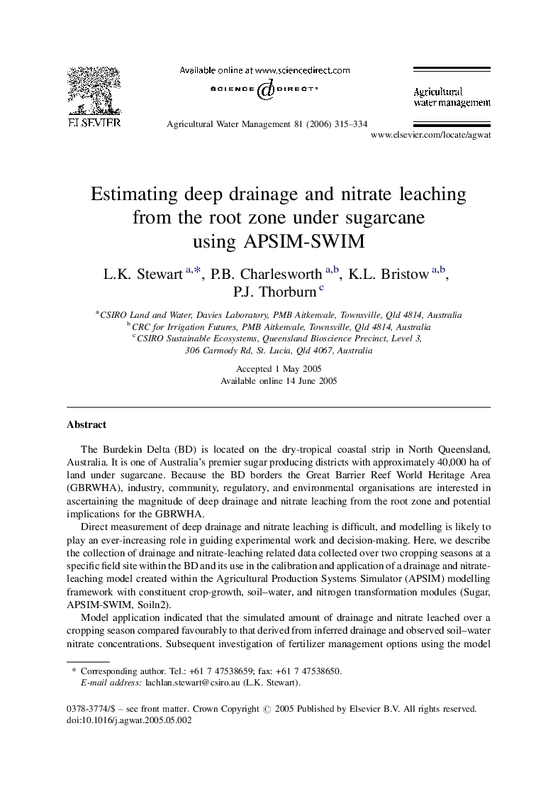 Estimating deep drainage and nitrate leaching from the root zone under sugarcane using APSIM-SWIM