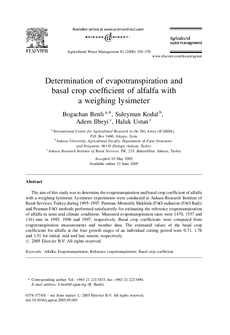 Determination of evapotranspiration and basal crop coefficient of alfalfa with a weighing lysimeter