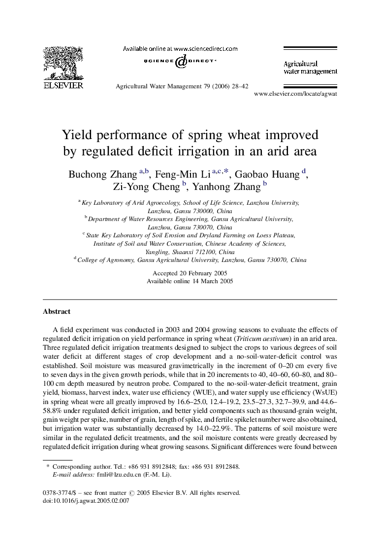 Yield performance of spring wheat improved by regulated deficit irrigation in an arid area